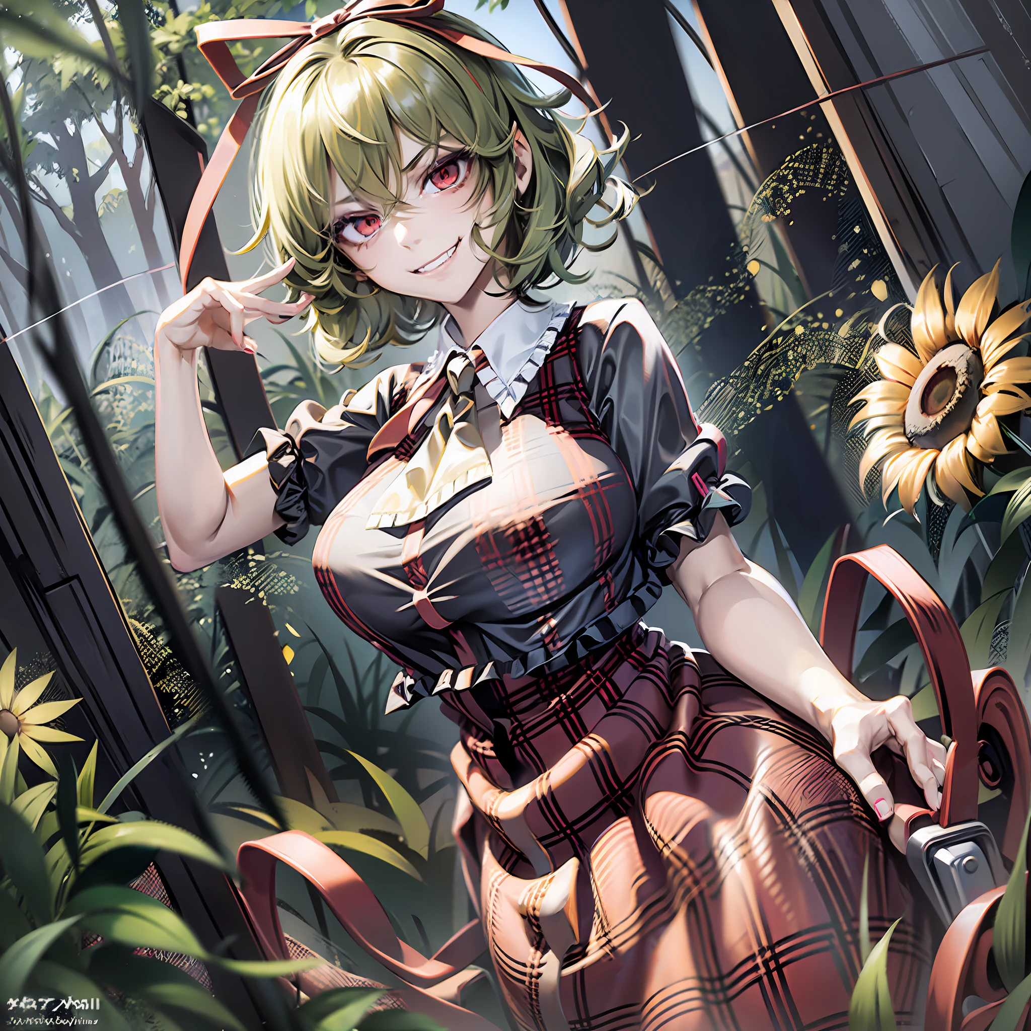 2girls, (Medicine Melancholy, blonde hair, short hair, wavy hair, silver-blue eyes, thick eyelashes, red ribbon, red bow, black shirt, red skirt, evil grin), (Kazami Yuuka, red eyes, green hair, short hair, smirk, evil grin, plaid vest, plaid skirt) sunflower field, huge breasts, huge ass, thick thighs, wide hips, looking at the viewer,