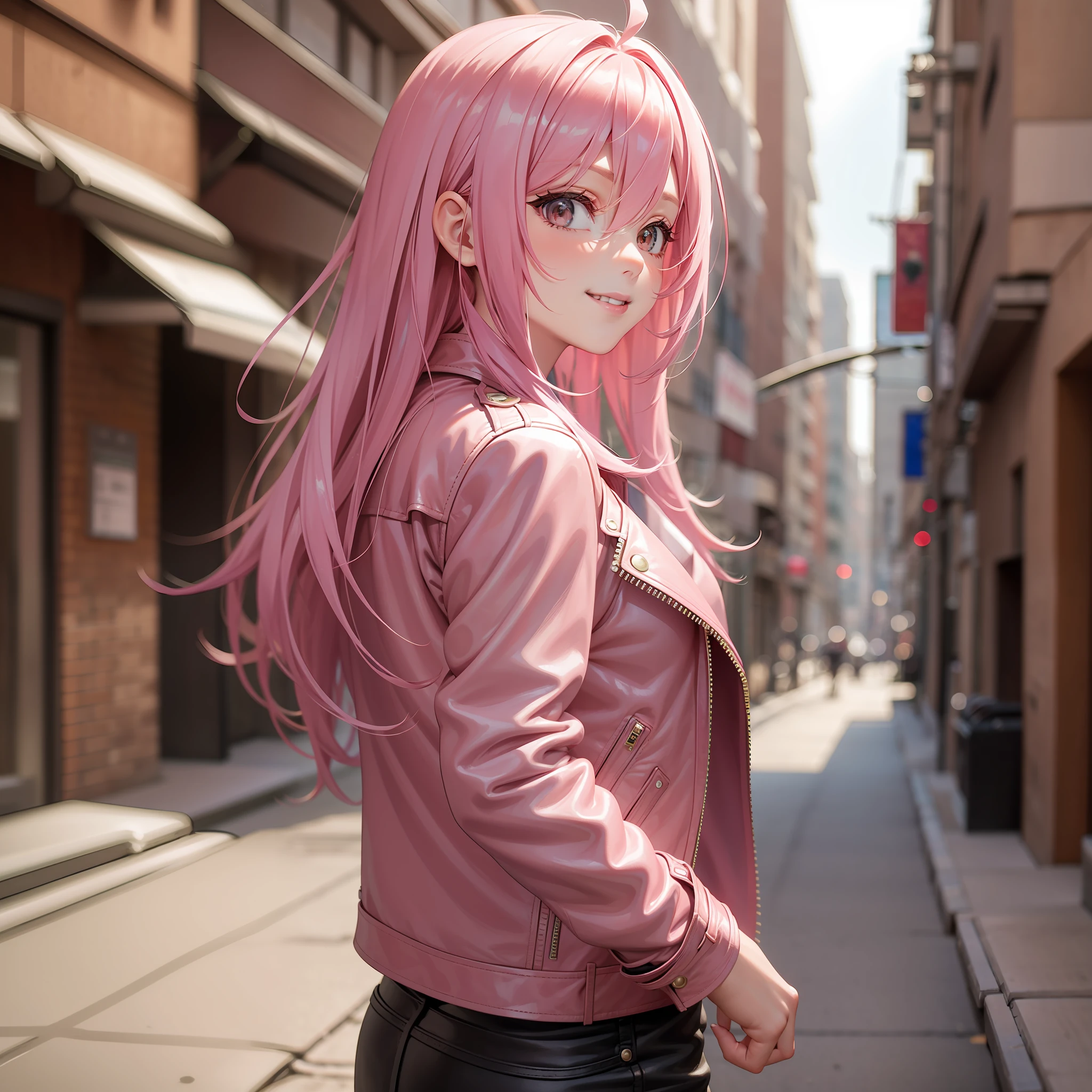 naked leather jacket girl pink hair smile top quality long hair masterpiece beauty cute