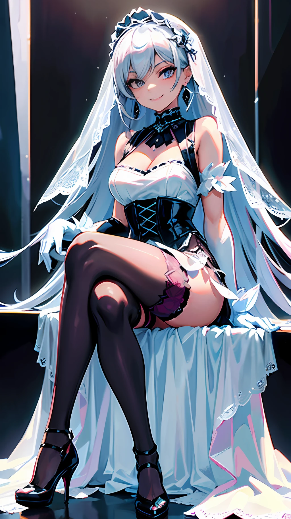 "Full body photo, two-dimensional painting style of meticulous smoky makeup girl, coiled hair, hair accessories, earrings. Her eyeshadow is shining, and she has a sweet smile on the corners of her mouth. Wearing a wedding dress, veil, gloves and suspender white stockings, silver high heels on her feet. She crouched and spread her legs, waiting for the next stage to be perfectly presented. "