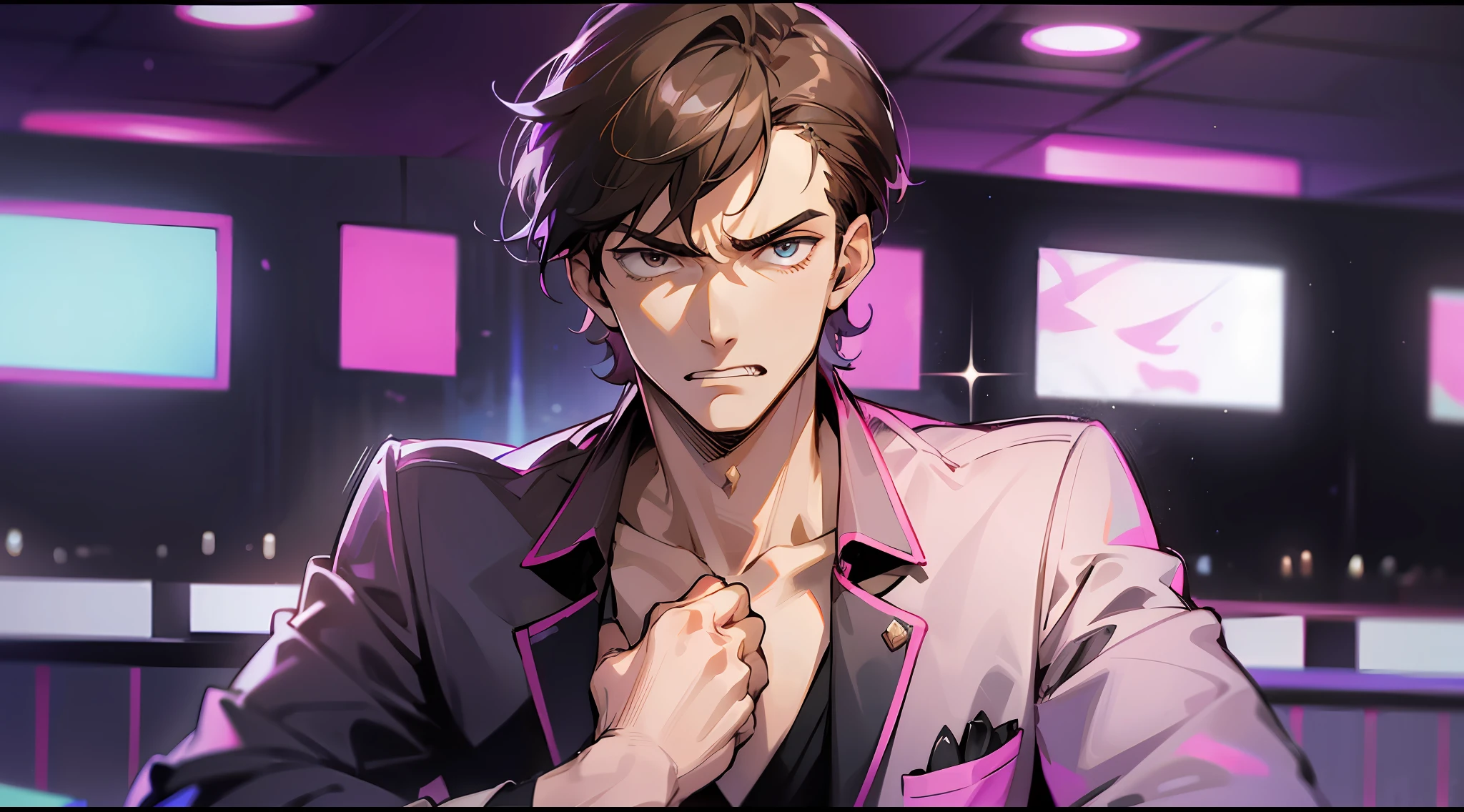 Masterpiece, best quality, a handsome man with short hair rich second generation, man with an angry expression, dressed casually, in karaoke box, disco, Artie Guérin style
