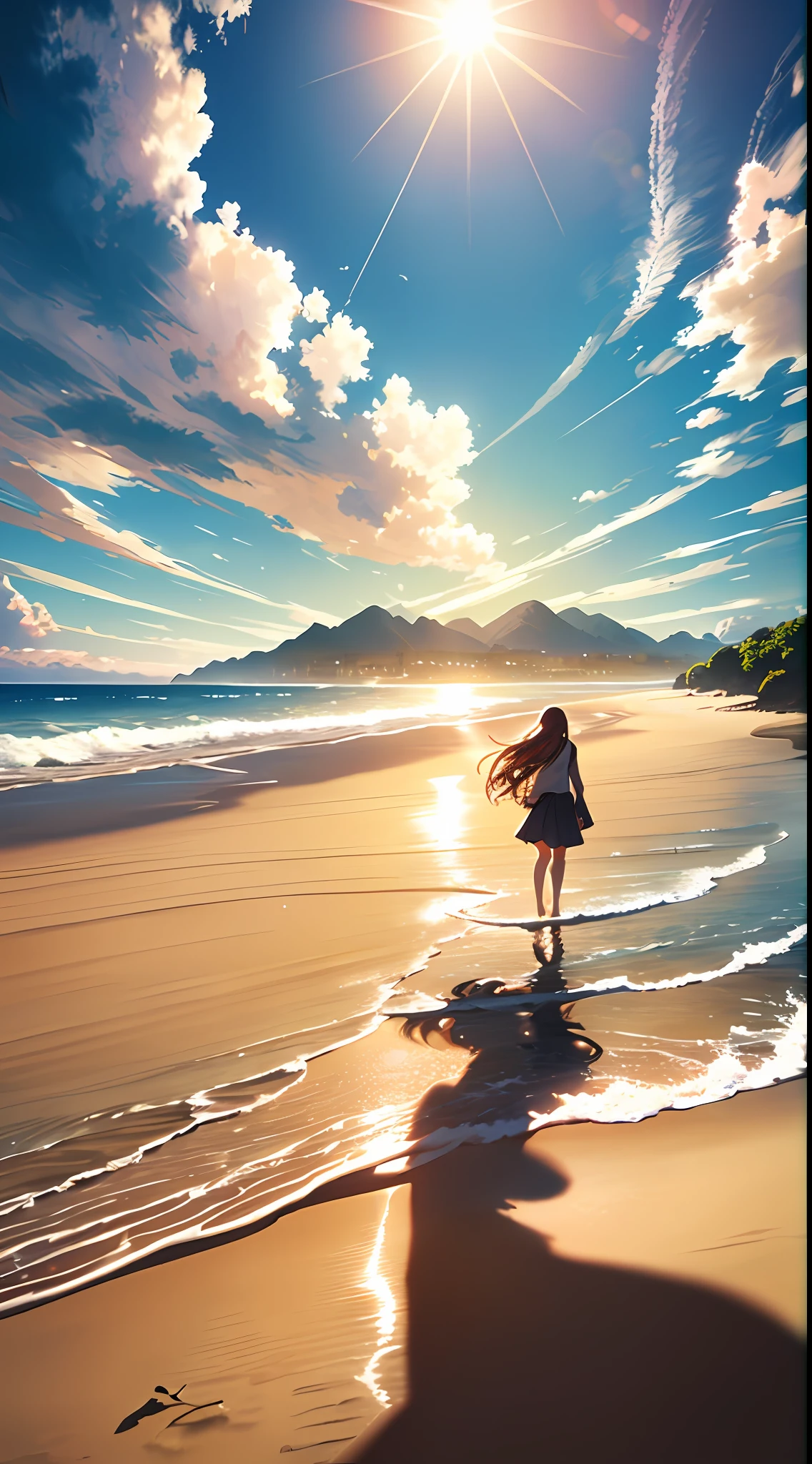 A wide-ranging landscape photo, captured with a stunning view of the beach, with the blue sky and the open countryside of the coastline below. On the golden sand, a girl is standing, barefoot, looking up. The bright sun (1:2) is radiant in the sky, scattering its rays of golden light throughout the scene. In the distance, distant mountains can be seen along the coast, adding a sense of serenity. BREAK Crafting Art tropical trees frame the beach, providing soft shade and a picturesque natural frame. The warm light (1.2) of the sun bathes the scene, creating a vibrant color palette, with shades of purple and orange blending harmoniously. Intricate details and volumetric lighting BREAK (Masterpiece: 1.2) highlight the stunning beauty of the place. The image quality is 4K, ultra detailed, capturing each element perfectly. The dynamic composition (1.4) gives movement and fluidity to the image, while vivid colors and a rainbow (1.2) add a magical touch. The brightness of the sun reflected in the water and the atmospheric lighting create an atmosphere of dream and tranquility. The soil (1.2) is rich in detail and texture, conveying the feeling of walking on the warm sand of the beach.