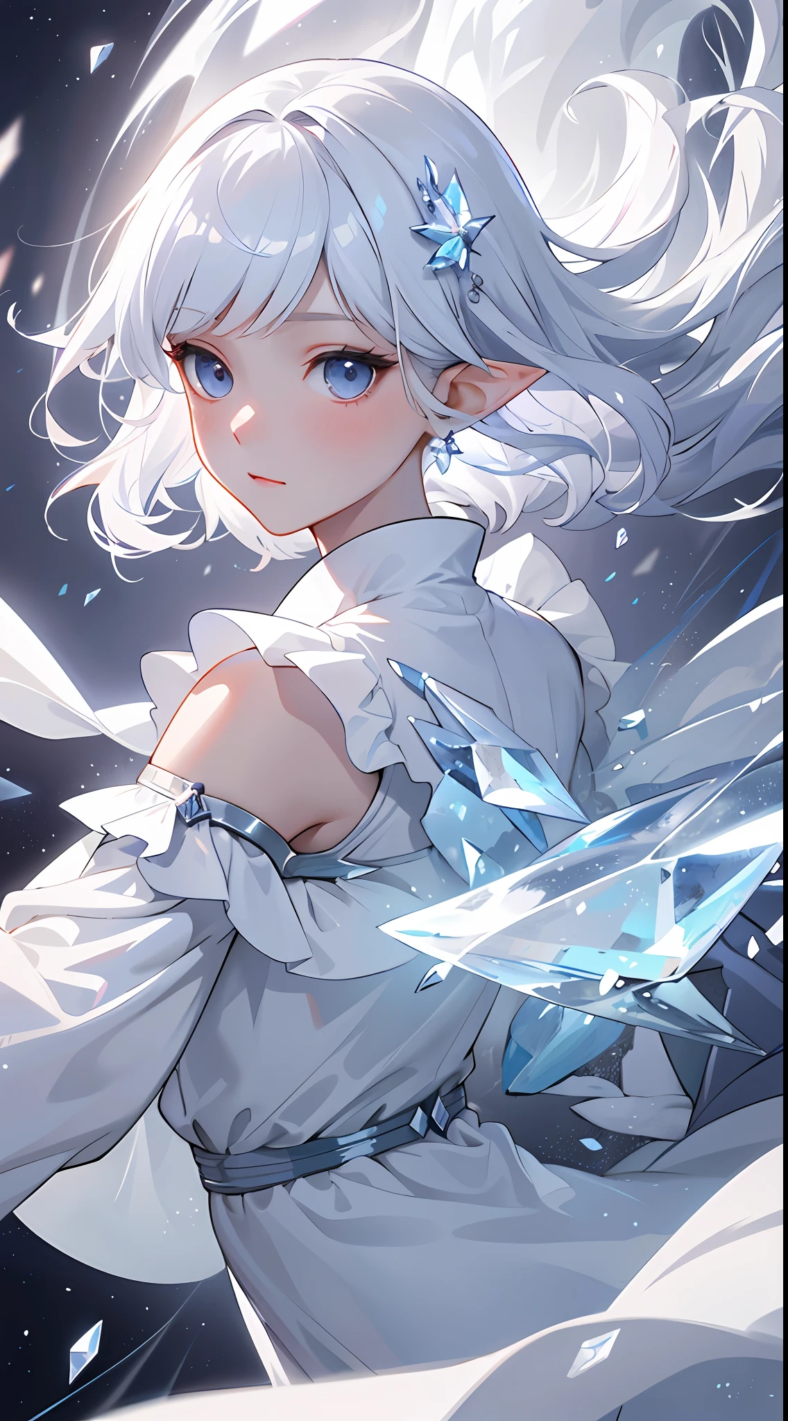 (Masterpiece, Top Quality, Best, Official Art, Beautiful and Aesthetic, Long Exposure: 1.2), Smooth Movement, Charming Patterns, 1 Girl, (Long Dress with Sleeves: 1.3), (((White Clothes) )), upper body close-up, bare shoulders, Chinese girl, blush, black lob hair, portrait, solo, upper body, looking at the observer, detailed background, detailed face, (crystallineAI, crystalline theme:1.1), elemental wind elves, rotation Wind, control the wind, white crystal clothing, dynamic pose, floating particles, ethereal dynamics, whirlwind, vapor, whirlwind in the background, white tone, whirlwind, ethereal atmosphere,