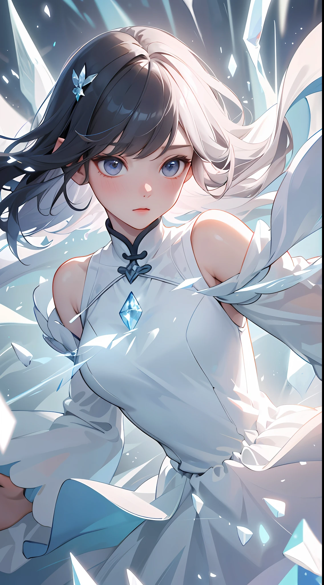 (Masterpiece, Top Quality, Best, Official Art, Beautiful and Aesthetic, Long Exposure: 1.2), Smooth Movement, Charming Patterns, 1 Girl, (Long Dress with Sleeves: 1.3), (((White Clothes) )), upper body close-up, bare shoulders, Chinese girl, blush, black lob hair, portrait, solo, upper body, looking at the observer, detailed background, detailed face, (crystallineAI, crystalline theme:1.1), elemental wind elves, rotation Wind, control the wind, white crystal clothing, dynamic pose, floating particles, ethereal dynamics, whirlwind, vapor, whirlwind in the background, white tone, whirlwind, ethereal atmosphere,