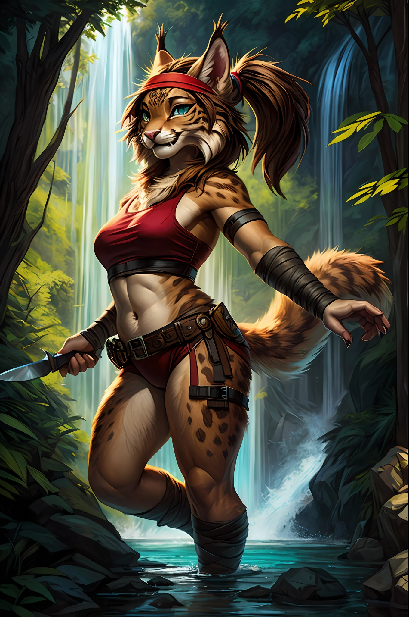 nsfw, uploaded on e621, by Pixelsketcher, by Bayard Wu, by Thomas Benjamin Kennington , by Einshelm, (realistic:1.2),  real life, shadow, jade the bobcat, lynx, female, furry anthro, cat ears, red headband, pink nose, (detailed clear aqua eyes),  fangs, beige brown hair, fringe, ponytail, light tan body, strap around biceps, neck fur tuft, ((brown breast belt with buckle)), ((white and red crop top)), brown weave belt, light tan shorts, white bandaged hands, white bandaged arms, ((thigh knife strap)), (chibi:1.3), bandaged ankles, ((portrait)), BREAK,
standing seductively, dynamic pose, camel toe, (bobcat tail), (detailed Bonifasko lighting), (fluffy fur), (detailed fur), (detailed skin),
camel toe, (smirk:1.1), BREAK,
masturbation, cinematic lighting, ((detailed forest background, waterfall, hills, tree)), wide angle view, (half body shadow:1.3),
[backlighting], [[crepuscular ray]], [detailed ambient light], [gray natural lighting], [ambient light on the belly], (higher wildlife feral detail), outdoors, ocean view and beach,BREAK,
[realistic proportions], [explict content], [sharp focus], (questionable content), (shaded), ((masterpiece))