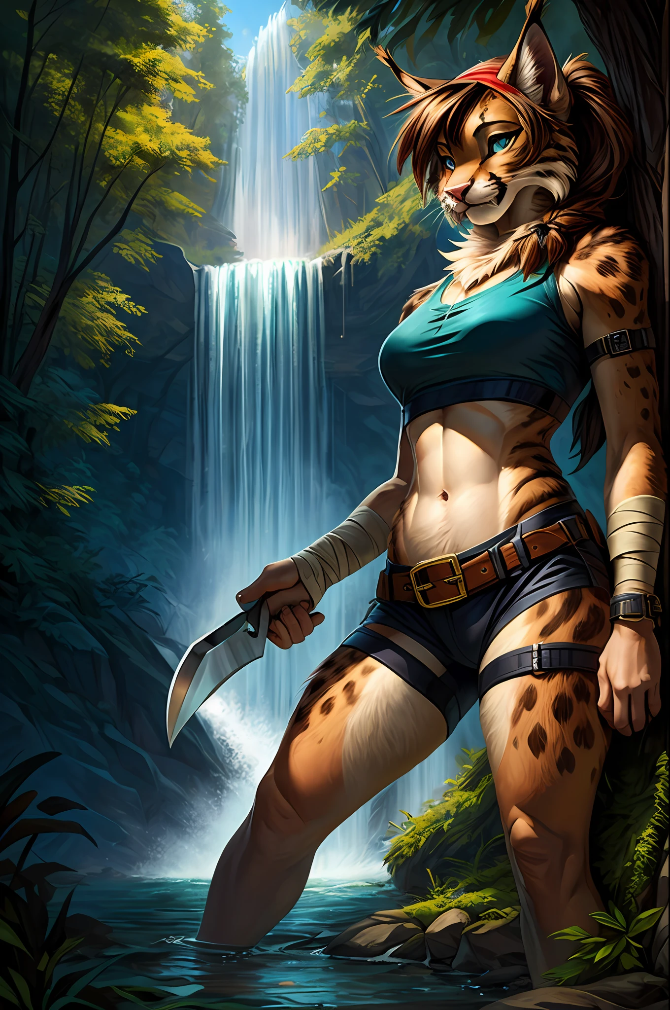 nsfw, uploaded on e621, by Pixelsketcher, by Bayard Wu, by Thomas Benjamin Kennington , by Einshelm, (realistic:1.2),  real life, shadow, jade the bobcat, lynx, female, furry anthro, cat ears, red headband, pink nose, (detailed clear aqua eyes),  fangs, beige brown hair, fringe, ponytail, light tan body, strap around biceps, neck fur tuft, ((brown breast belt with buckle)), ((white and red crop top)), brown weave belt, light tan shorts, white bandaged hands, white bandaged arms, ((thigh knife strap)), (chibi:1.3), bandaged ankles, ((portrait)), BREAK,
standing seductively, dynamic pose, camel toe, (bobcat tail), (detailed Bonifasko lighting), (fluffy fur), (detailed fur), (detailed skin),
camel toe, (smirk:1.1), BREAK,
masturbation, cinematic lighting, ((detailed forest background, waterfall, hills, tree)), wide angle view, (half body shadow:1.3),
[backlighting], [[crepuscular ray]], [detailed ambient light], [gray natural lighting], [ambient light on the belly], (higher wildlife feral detail), outdoors, ocean view and beach,BREAK,
[realistic proportions], [explict content], [sharp focus], (questionable content), (shaded), ((masterpiece))