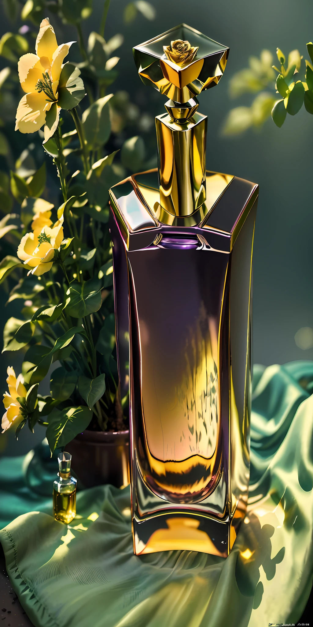Close-up of a bottle of perfume, high-end, generating a nice purple background atmosphere, delicate forest background, OC rendering, light and shadow, Product photography of a perfume bottle arranged with plants and flowers, realistic, light background, realistic rendering --v 6