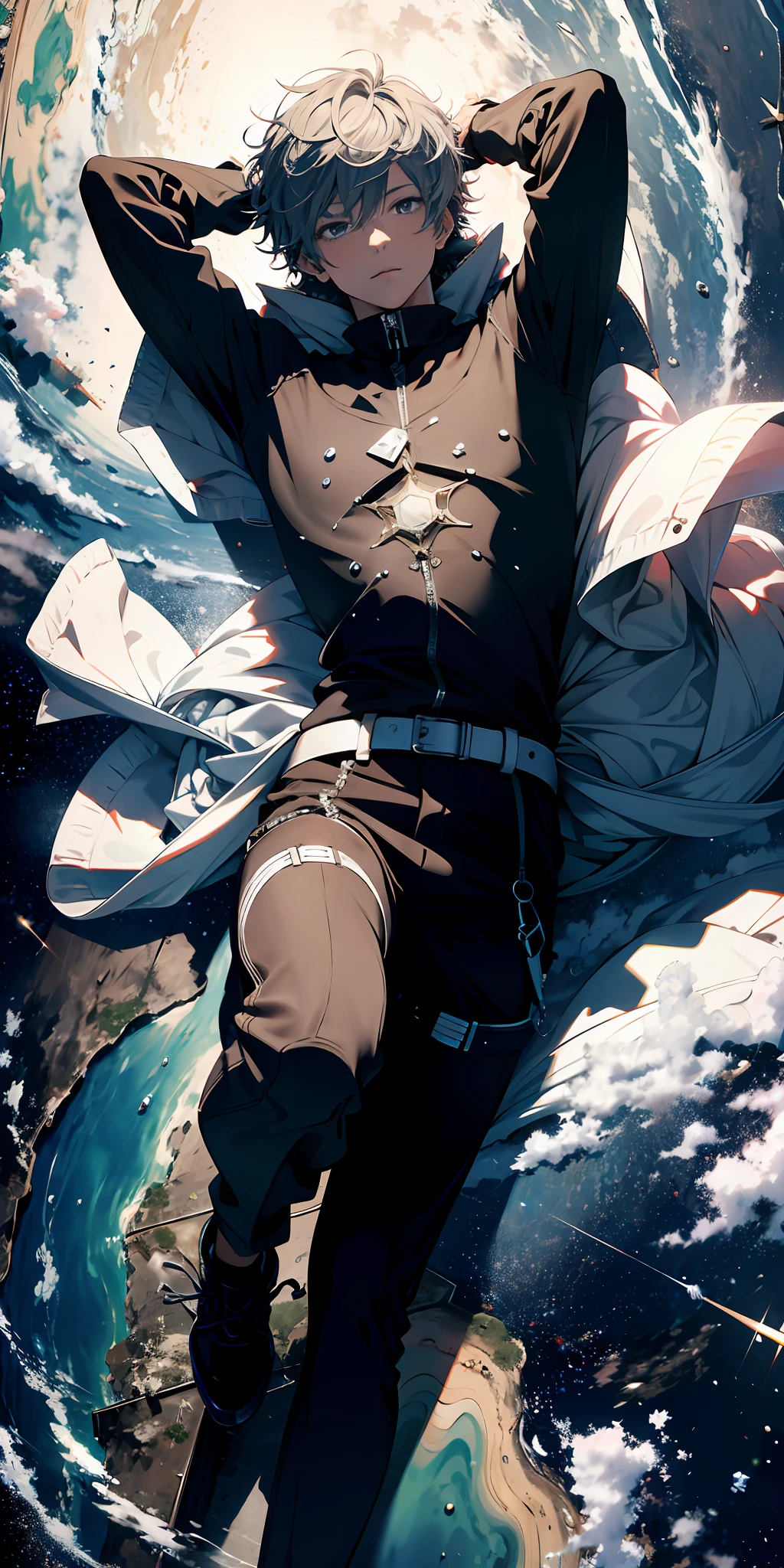 Absurd resolution, high resolution, (masterpiece:1.4), ultra-detailed, 1 man, seen from above, space, floating, gray hair, handsome, lazy, tongue-sticking