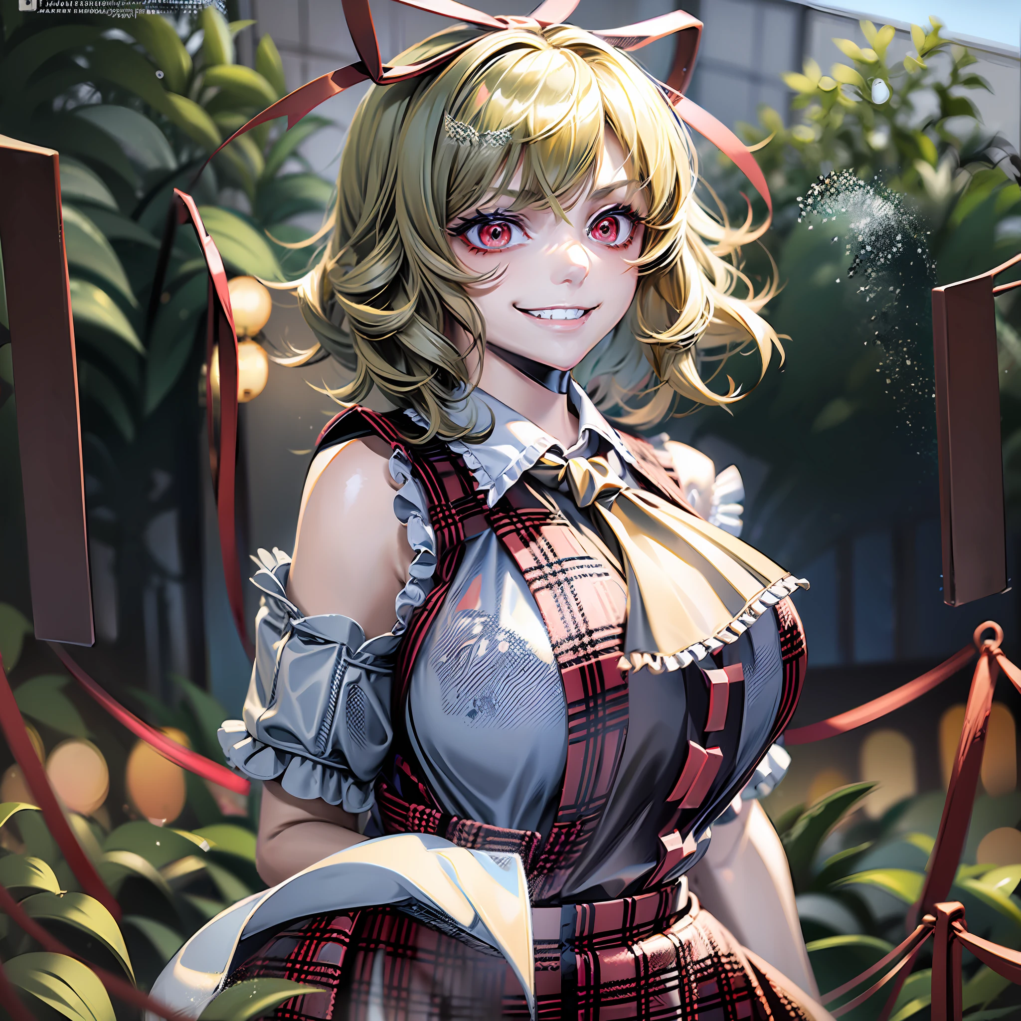 2girls, (Medicine Melancholy, blonde hair, short hair, wavy hair, silver-blue eyes, thick eyelashes, red ribbon, red bow, black shirt, red skirt, evil grin), (Kazami Yuuka, red eyes, green hair, short hair, smirk, evil grin, plaid vest, plaid skirt) sunflower field, huge breasts, huge ass, thick thighs, wide hips, looking at the viewer,