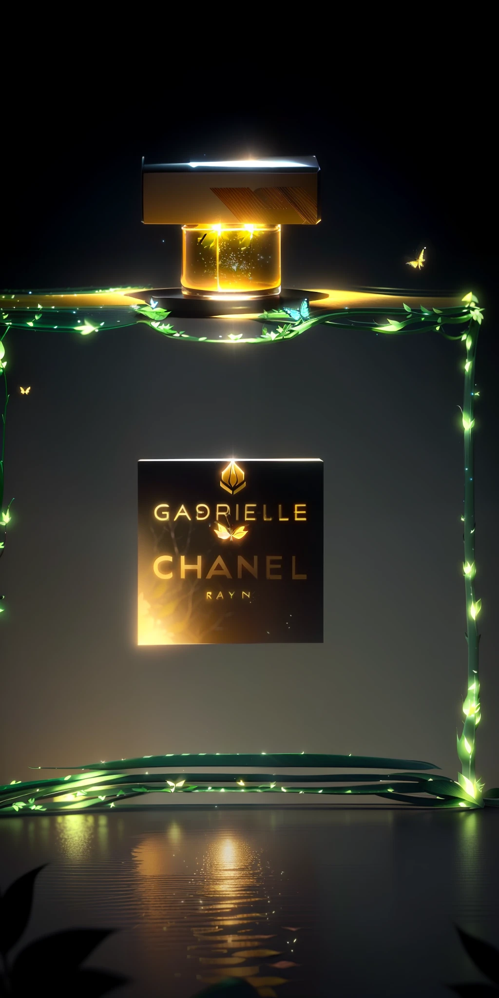 A perfume product, a masterpiece, of the best quality. (very detailed CG unity 8K wallpaper), best quality, (best illustrations), (best shadows), forest theme with natural elements. Quiet stream, surrounded by delicate leaves and branches, as well as (natural elements), (jungle theme), (leaves), (branches), (fireflies), butterflies, (delicate leaves), (glow), (particle effects). , isometric 3D, Octane rendering, ray tracing, ultra-detailed