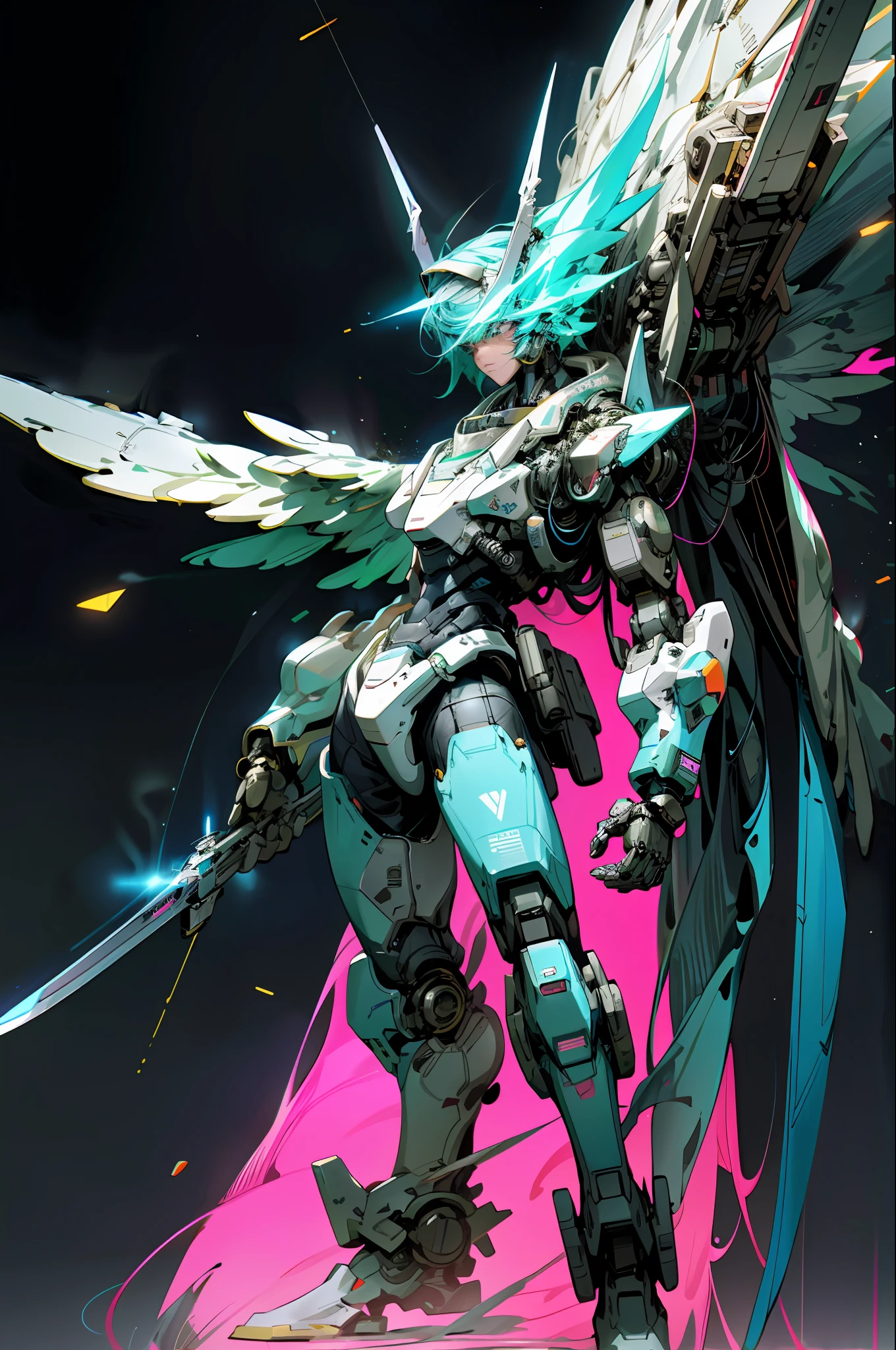 On the moon, a full-body blue mech glowing with wings on his back and a long sword, no humans, accompanied by robots, the robot's eyes are also flashing and glowing, surrounded by a science fiction city standing under neon lights, at this moment he seems to appear in a real and illusory world, the background of the Milky Way is dotted with poetic neon lights, creating a cyberpunk-like futuristic.