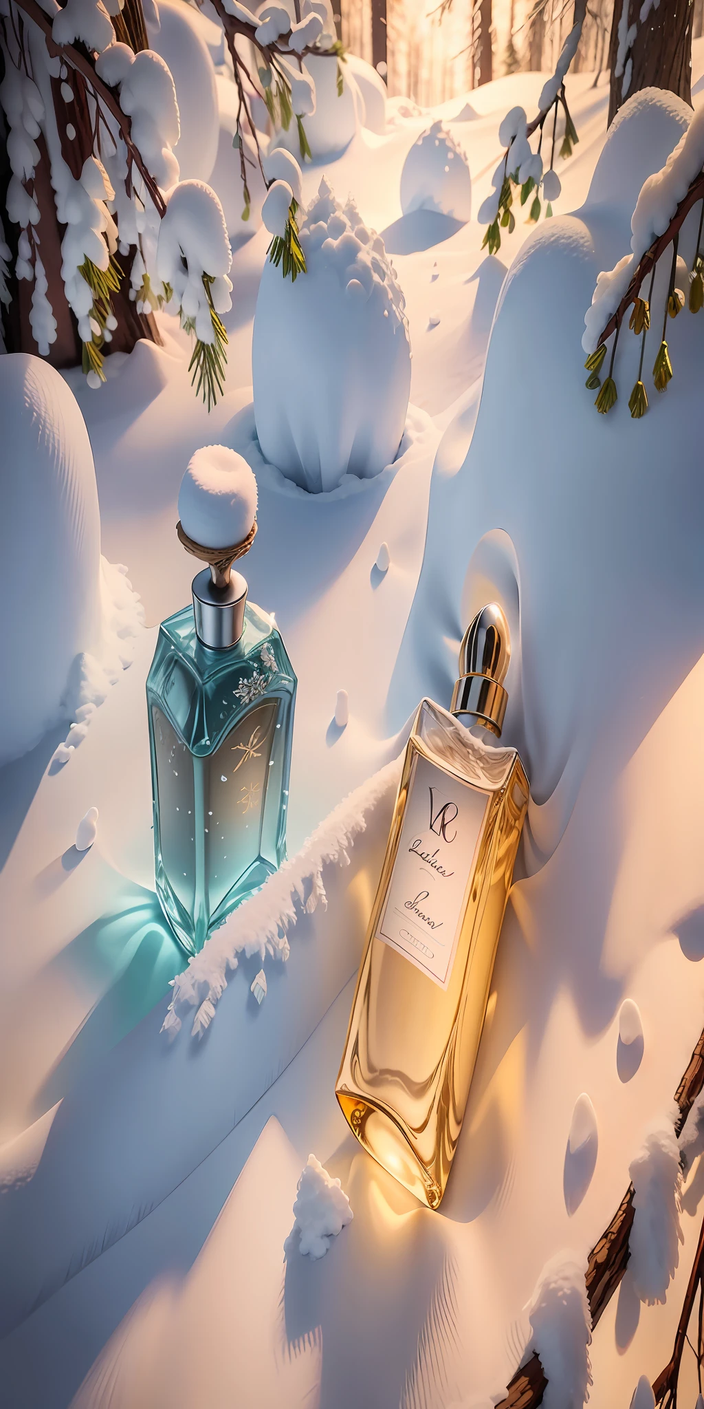 Product photography of a perfume bottle under fir branches, snow, realistic, light background, realistic rendering --v 6