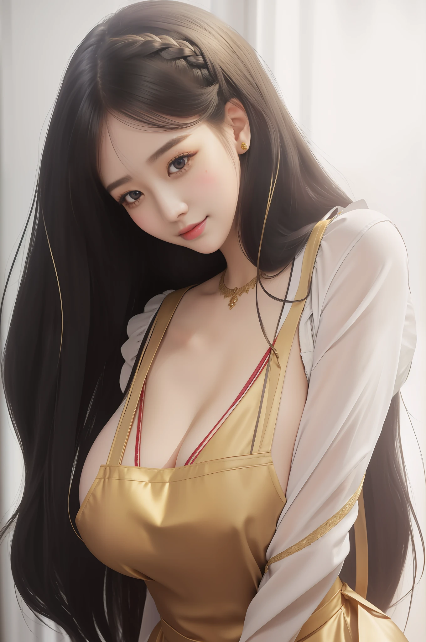 An Idol k-pop girl, cute girl, sexy girl, white braid hair, intricate face details, detailed face, golden ratio face, big breast, big butt, big hip, big thighs, full body, 64K, UHD, HDR, high quality, high detailed, hyper detailed, extremely detailed, photo realistic, ultra realistic, art photo, clarify the details, detailed parts body, intricate artwork masterpiece, trending on artstation, light smile, wearing apron