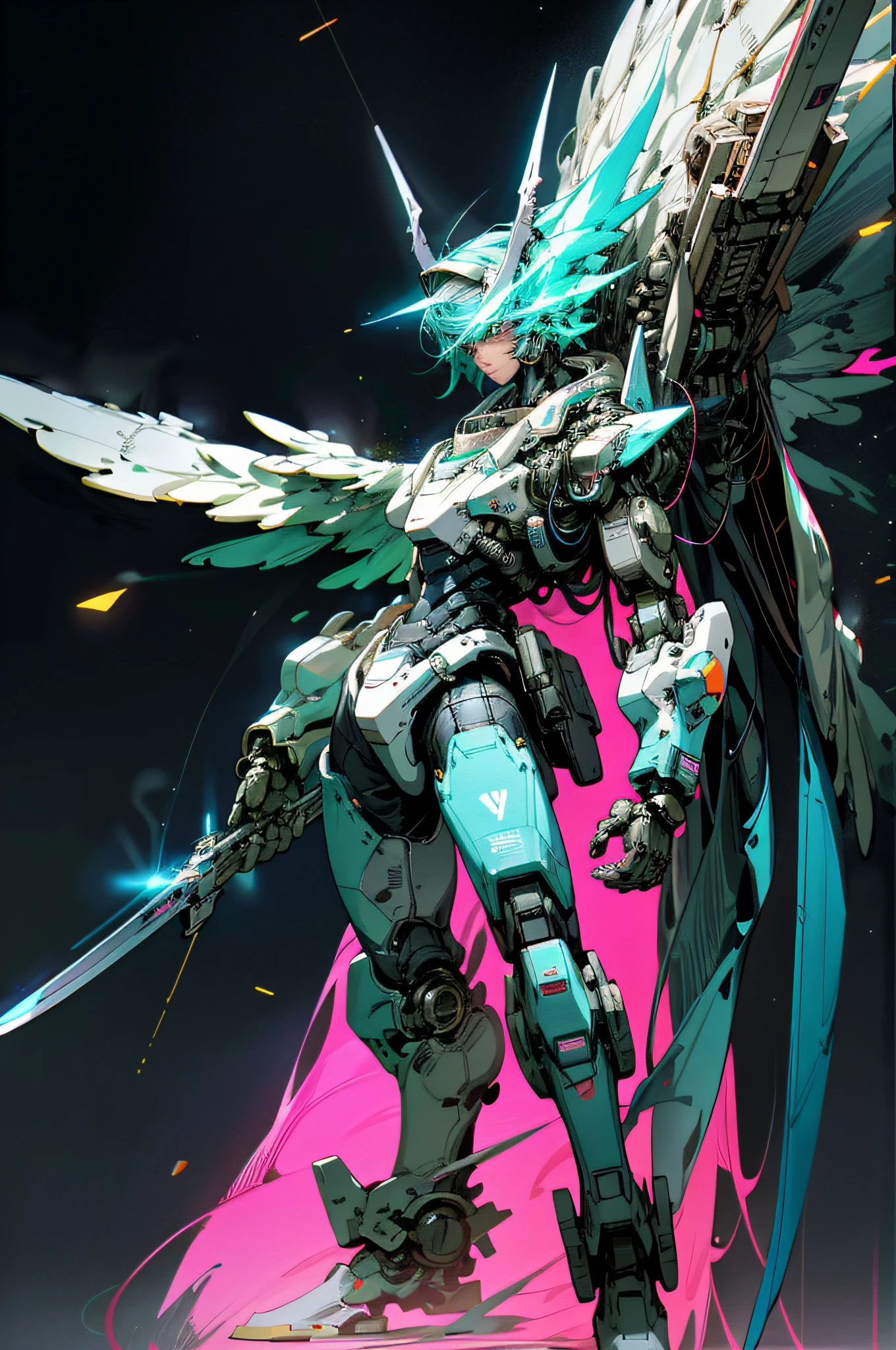 On the moon, a full-body blue mech glowing with wings on his back and a long sword, no humans, accompanied by robots, the robot's eyes are also flashing and glowing, surrounded by a science fiction city standing under neon lights, at this moment he seems to appear in a real and illusory world, the background of the Milky Way is dotted with poetic neon lights, creating a cyberpunk-like futuristic.