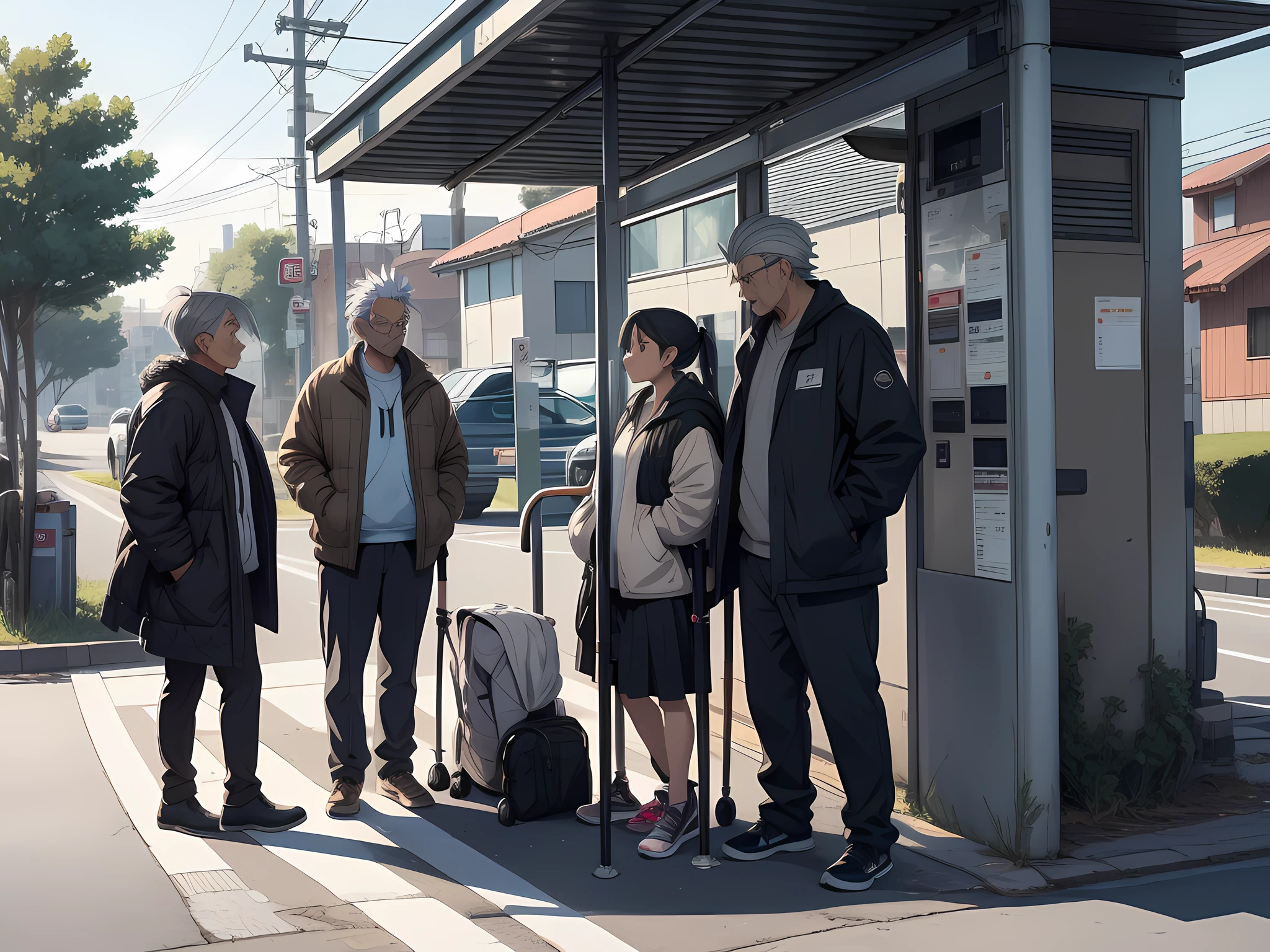 On the side of the road, a middle-aged uncle with a broken leg with a disabled gray hair on crutches is waiting for a bus at the bus stop, manga, anime style
Wait for it to start