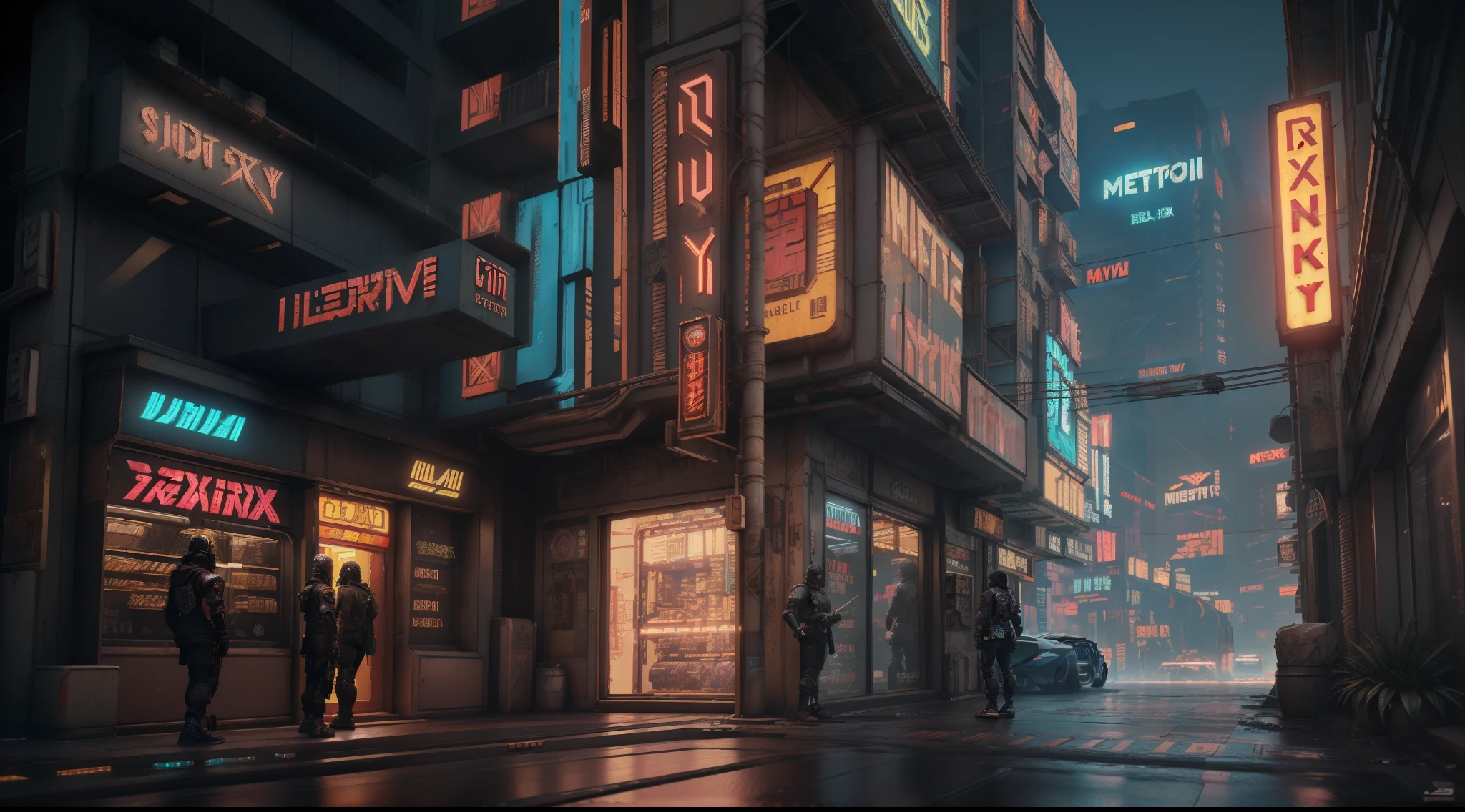 ((Best Quality)), ((Masterpiece)), (Highly Detailed: 1.3), 3D, Detailed Street Scene of a Neon-Lit Mega City (cyberpunk:1.4), Imposing Buildings, Detailed Shops, Futuristic Technology, HDR (High Dynamic Range), Ray Tracing, NVIDIA RTX, Super-Resolution, Unreal 5, Subsurface Scattering, PBR Texturing, Post-Processing, Anisotropic Filtering, Depth of Field, Maximum Clarity and Sharpness, Multilayer Textures, Albedo and Specular Maps,  Surface Shading, Accurate Simulation of Light-Material Interaction, Perfect Proportions, Octane Render, Two-Tone Lighting, Low ISO, White Balance, Rule of Thirds, 8K RAW