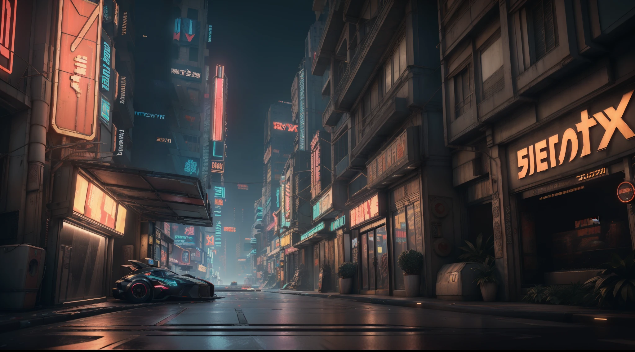 ((Best Quality)), ((Masterpiece)), (Highly Detailed: 1.3), 3D, Detailed Street Scene of a Neon-Lit Mega City (cyberpunk:1.4), Imposing Buildings, Detailed Shops, Futuristic Technology, HDR (High Dynamic Range), Ray Tracing, NVIDIA RTX, Super-Resolution, Unreal 5, Subsurface Scattering, PBR Texturing, Post-Processing, Anisotropic Filtering, Depth of Field, Maximum Clarity and Sharpness, Multilayer Textures, Albedo and Specular Maps,  Surface Shading, Accurate Simulation of Light-Material Interaction, Perfect Proportions, Octane Render, Two-Tone Lighting, Low ISO, White Balance, Rule of Thirds, 8K RAW