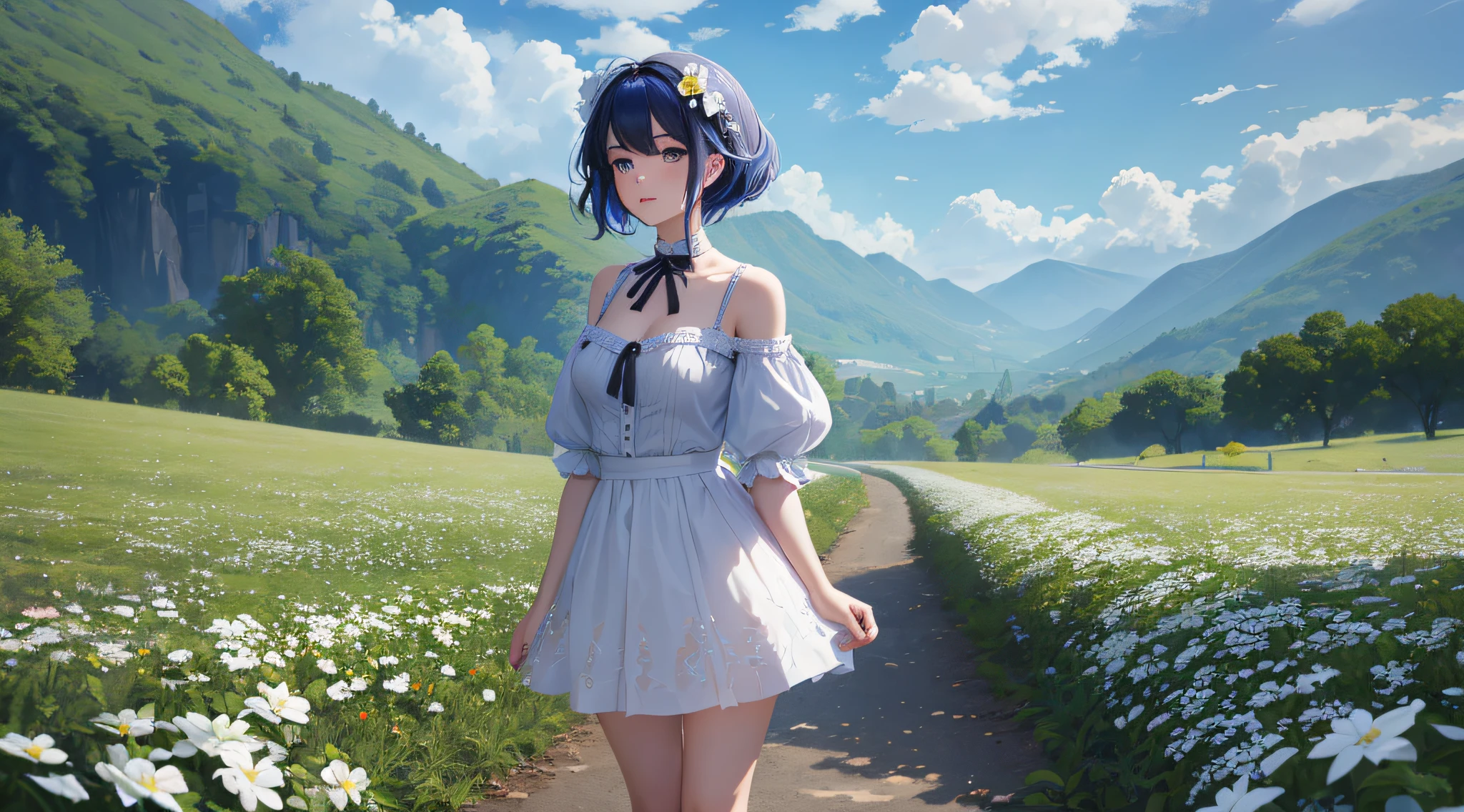 (masterpiece,detailed,highres:1.4), strict lines, clearly outline, aduld girl, curvy, marinette_dupain-cheng_\(miraculous_ladybug\), field of white roses, tattered clouds, ground fog, detailed face, detailed deep blue eyes with sparkless, cute face, detailed hair, (blue hair), short hair, evening, full body, medium breasts, detailed clothes, light casual summer clothes, full body shot, front view --auto --s2