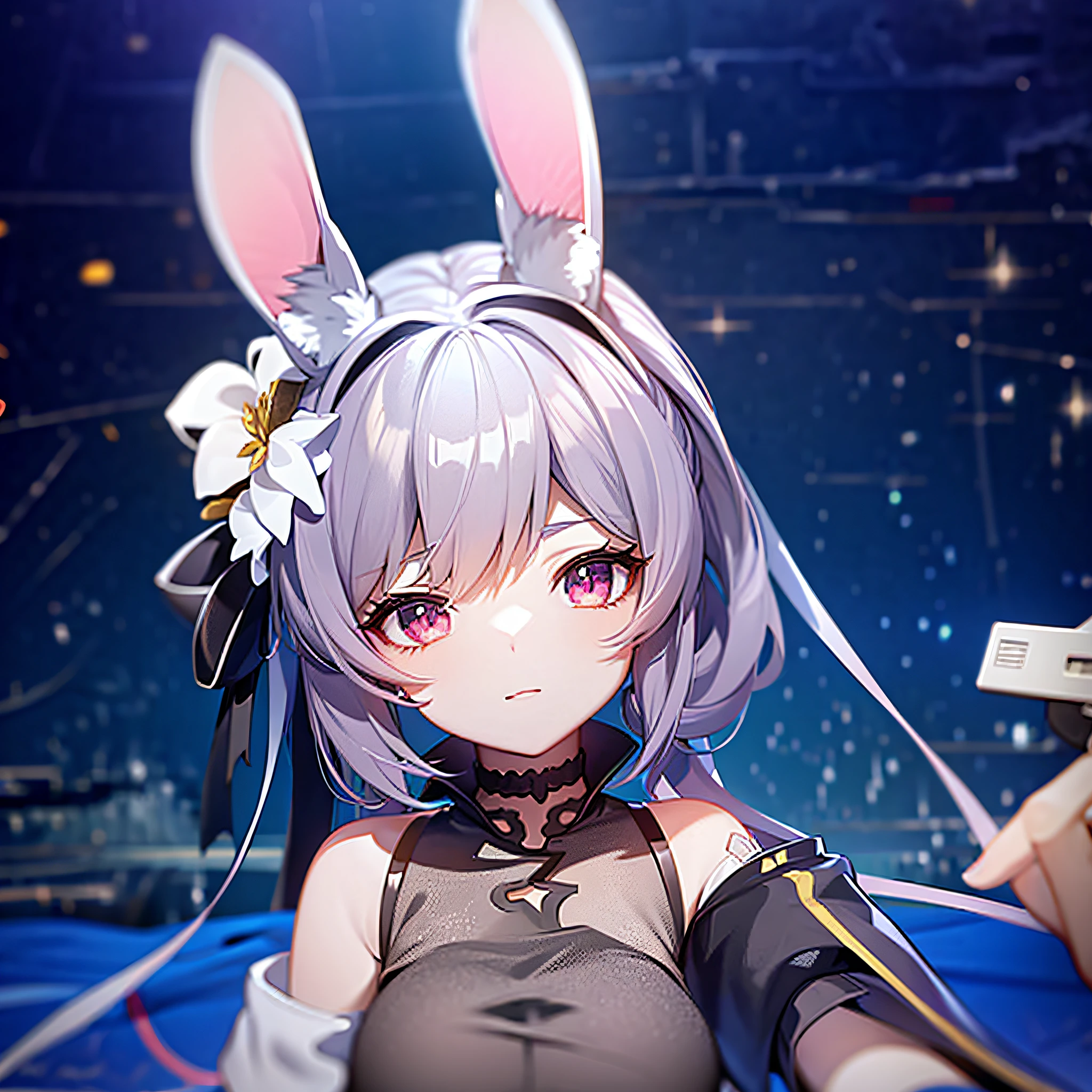 Anime girl with bunny ears and dress with gun, from Azure Lane video game, Azure Lane style, anime style. 8K, April rendering, anime style 4 K, 8K octave rendered photos, stylized anime, characters from Azur Lane, 8K high quality detail art, from Ark Night, cute characters, center stage, gigsing,
