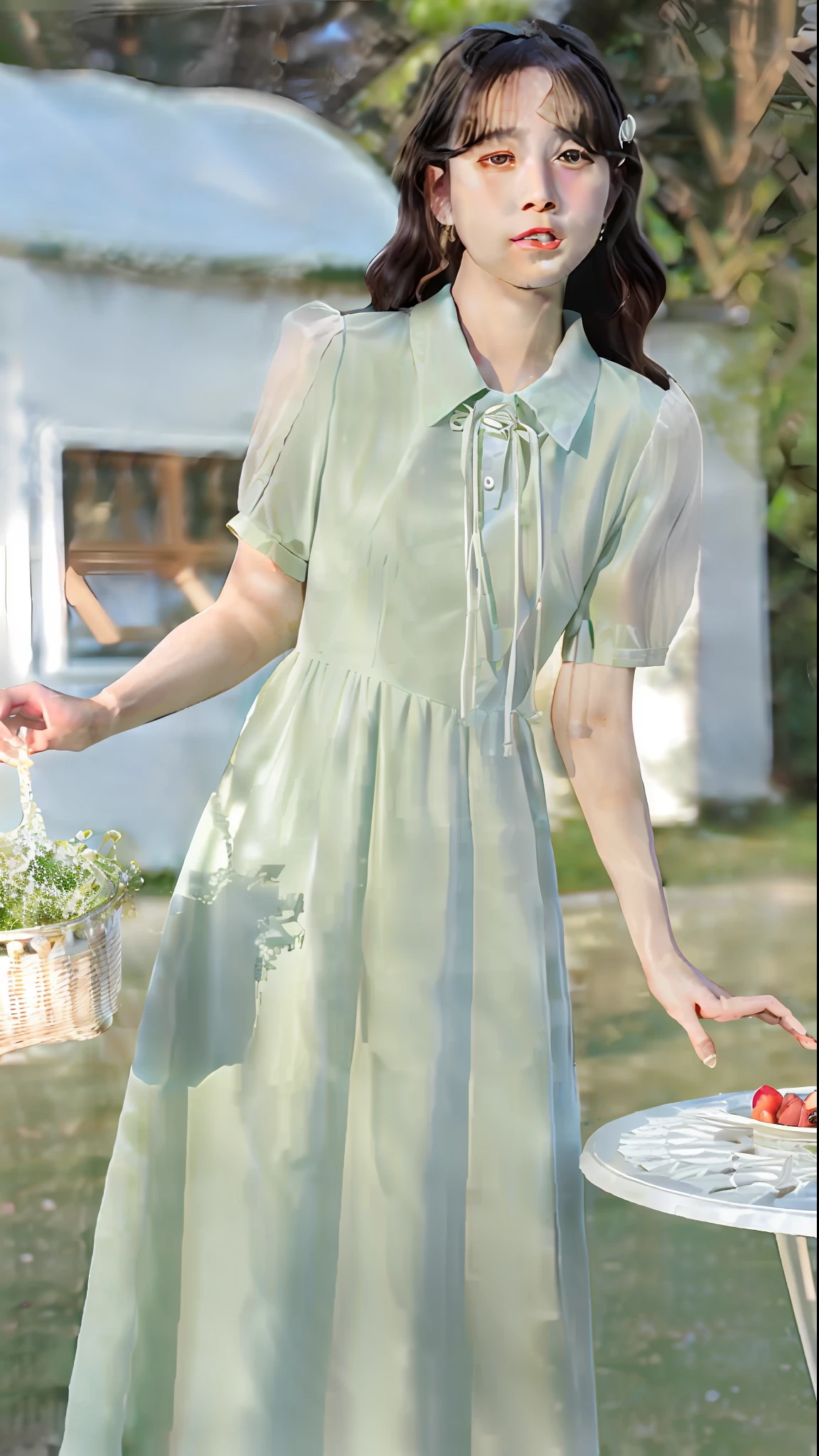 Woman holding a basket of strawberries in green dress, light green dress, soft green, chiffon, romantic dress, light half-open dress, green dress, light green glow, cute dress, pastel cute color, summer dress, light green, soft green natural light, dress, green dress, lovely pastel color, tattered green dress, translucent dress, soft silk dress camera focus light very large aperture, ((f/1.2)), shallow depth of field, Strong blur in background lens, ISO 3000, auto white balance, extremely detailed, professional lighting, soft light, original photos, uniqlo fashion models, best quality, masterpiece, award-winning photography, huge file size, 8k, high resolution,