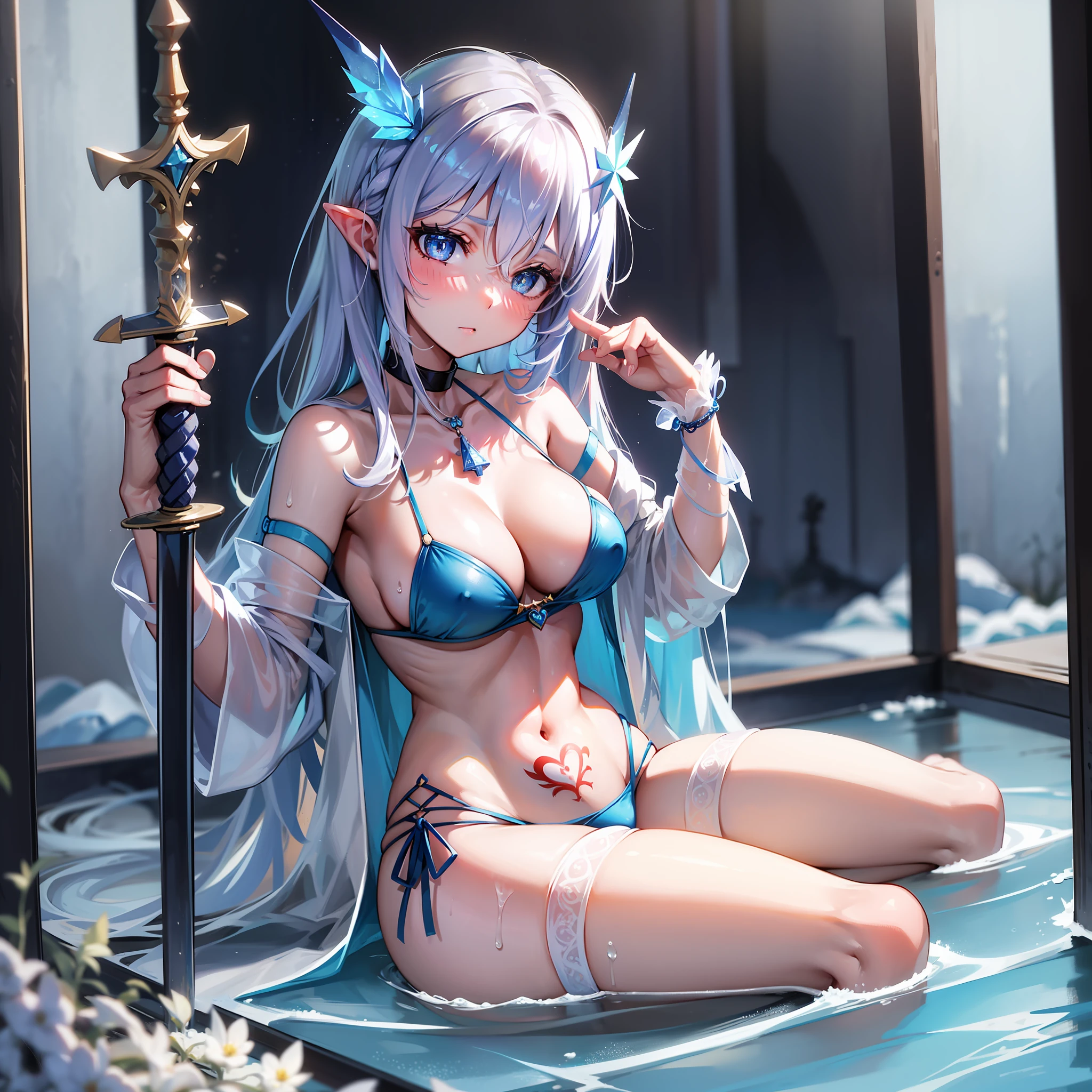cute girl, cute face, pupils different colors, pupil pink, pupil lake blue, sword, quadratic, , asymmetrical hair, floating hair, hair between eyes, side hair, next to the phoenix, sword, fish hair ornament, tassel, bangs, pendant collar, collarbone, tattoo, chest tattoo, cleavage, medium breasts, thighs, bandages, bandage legs, bare shoulders, swimsuit, frozen blue rose, shining sword, glass bra, sexy beautiful girl, swimsuit, aesthetic, fantasy, dream, magic, magnificent imagination,high resolution, super delicate, best quality, taijitu, temptation, blonde hair , phoenix side, sword, cute, delicate, faint fog, cherry blossoms, wind, aesthetics, hills, fields, milky way, stars, shine, night, starry sky, fantasy, dream, magnificent imagination, high resolution, super refined, masterpiece, best quality, uncensored, cute, cold, extremely cold, frost, snowflakes, snow mountains, ice crystals, ice flowers, mirror, glass, lake, water, flowing water, frozen water, Cold, frozen, blue, ice blue, white, lake blue, royal blue, high cold, plain, cute, cute, cute, cute, cute, cute, cute, cute, cute, frozen, clever, clovely, clever, clever,