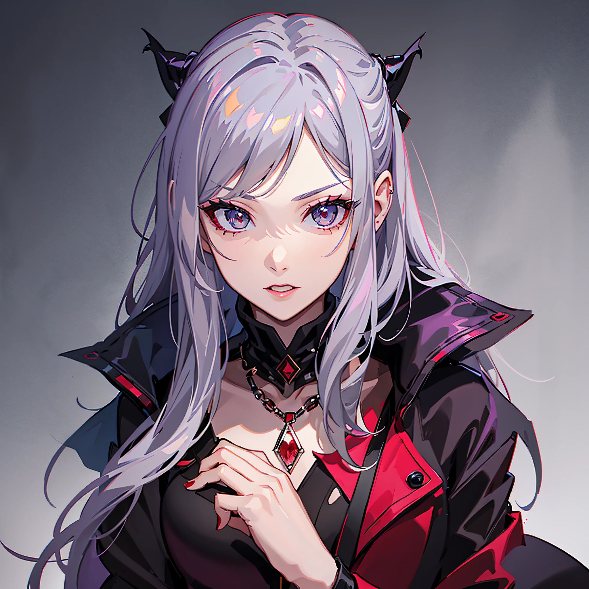 vampire, singer, stage, mystery, magic, gray hair, red hair, bright green eyes, arrogance, confidence, K-pop, style, fashion, bright colors, unique outfit, glamour, star attributes, cosplay, Vampire, woman, (The left half of the hair is gray), (The right half of the hair is red), two colors hairs, necklace, 1girl, 1 person, solo, 1 head