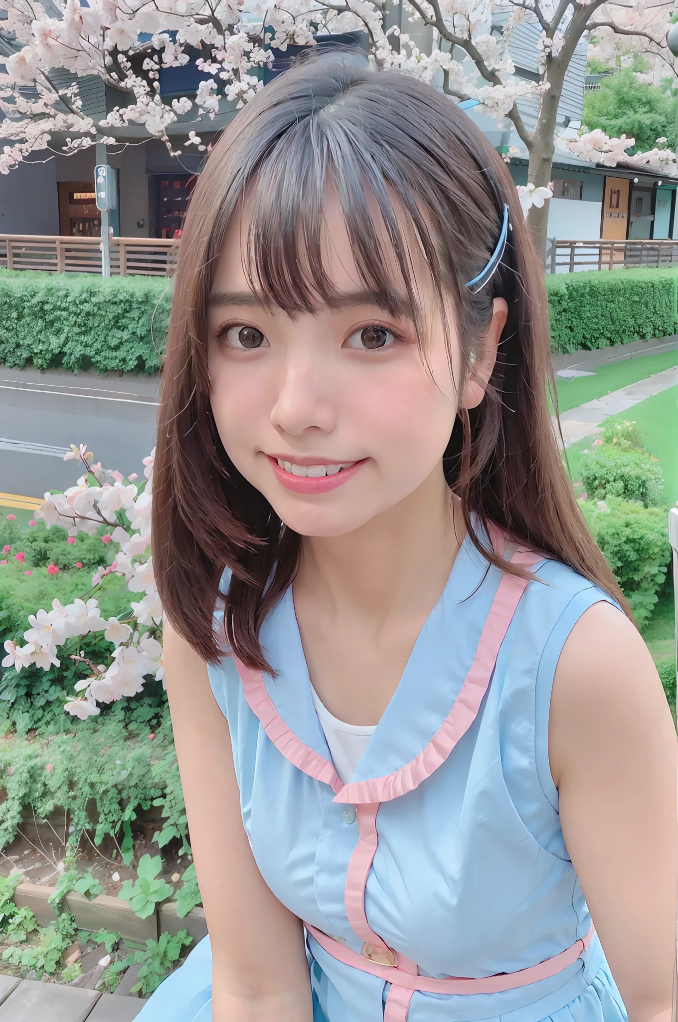 best quality, ultra high res, (photorealistic:1.4),blush,cute,(detailed face),light smile, 
looking at viewer,
upper body, japanese clothes, 
sunny,river,(cherry blossoms),blue sky,