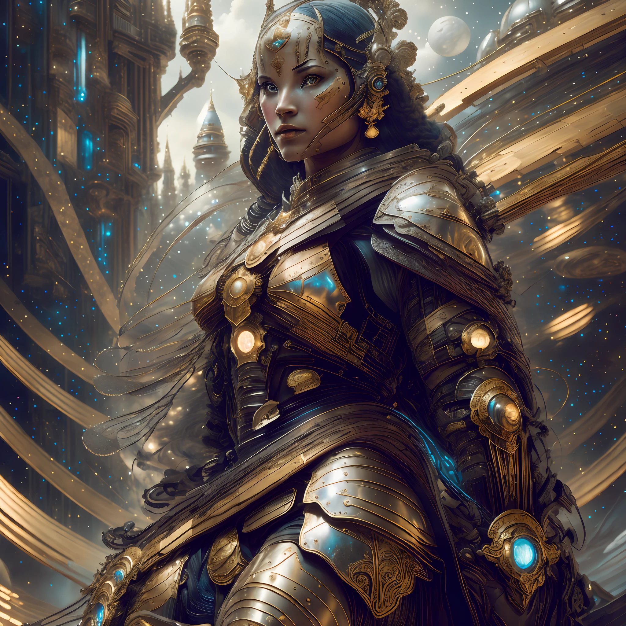 Female warrior in space, fantasy, intricate, elegant, highly detailed, digital painting, artstation, concept art, matte, clear focus, illustration, works by Artgerm and Greg Rutkowski, Alphonse Mucha and WLOP, masterpiece, stunning, trending artstation, 8k, photorealistic, volumetric lighting, octane rendering, hyperreal --auto --s2