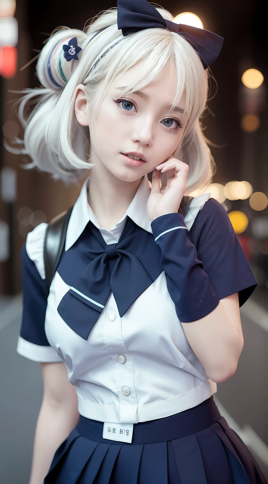 blond haired girl in a sailor outfit talking on a cell phone, anime girl cosplay, anime girl in real life, Surrealism female student, beautiful anime high school girl, anime style mixed with fujifilm, girl with short white hair, white hime cut hairstyle, Surrealism female student, wearing japanese school uniform, japanese school uniform, cosplay photo, young anime girl，smiled