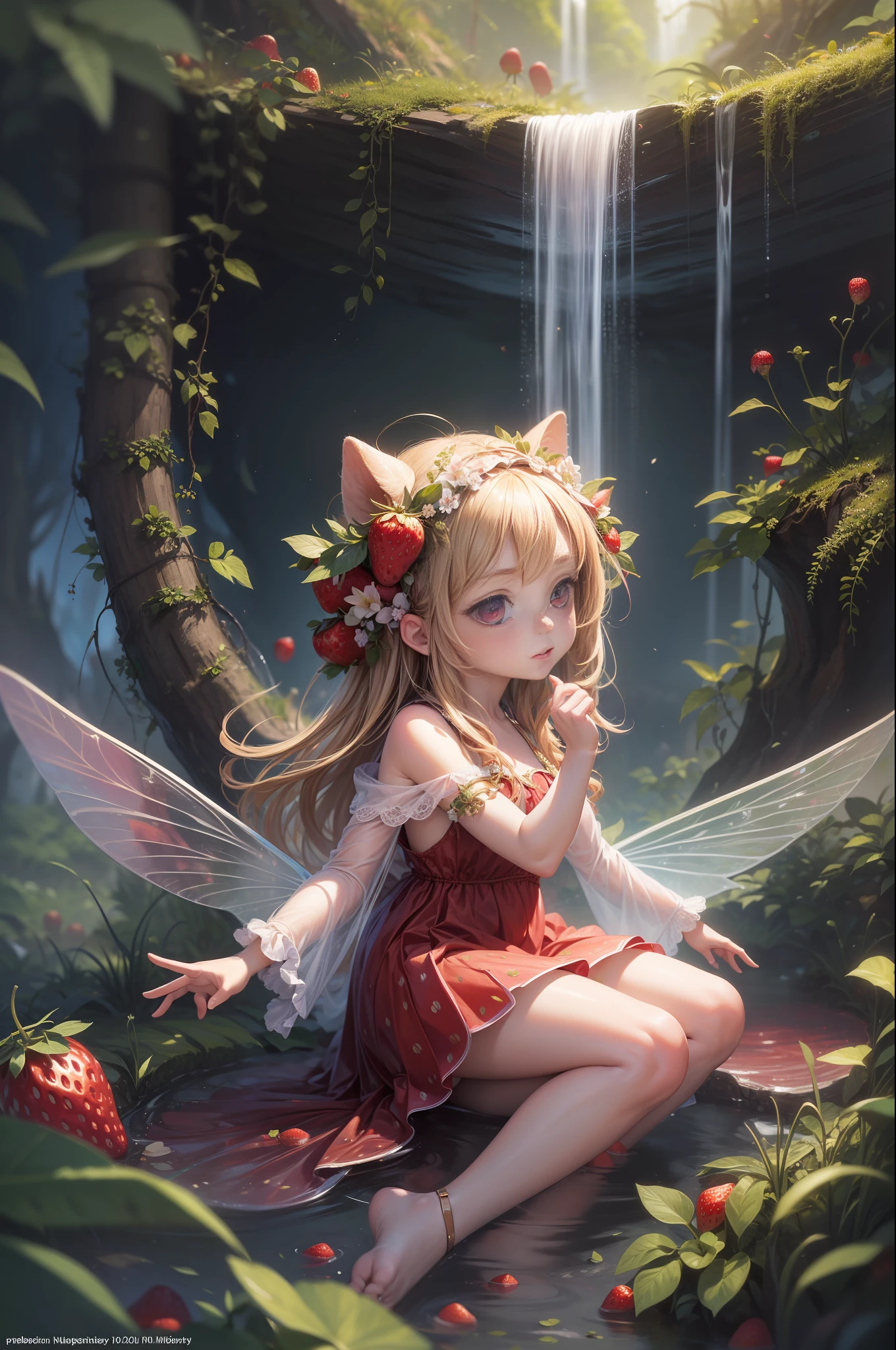 ( Absurd, High quality, ultra-detailed, masterpiece, concept art, smooth, highly detailed artwork, hyper-realistic painting ) , tiny , Strawberry girl, Strawberries, transparent fairy wings, cute, fairytale, Romantic, Vivid, whole body, waterfall, brightness