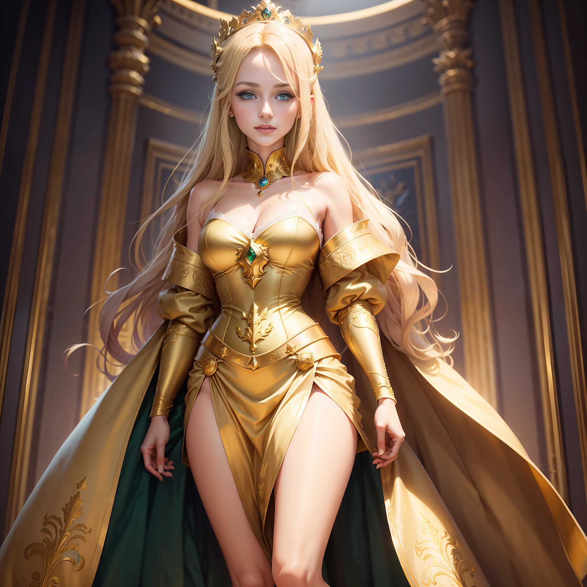 1 girl, (25 years old), blond hair, green eyes, (perfect European noble face: 1.1), (maximum picture quality: 1.1), (perfect figure: 1.1), royal clothes, royal regalia, golden crown, inside the palace, masterpiece, gold dress.