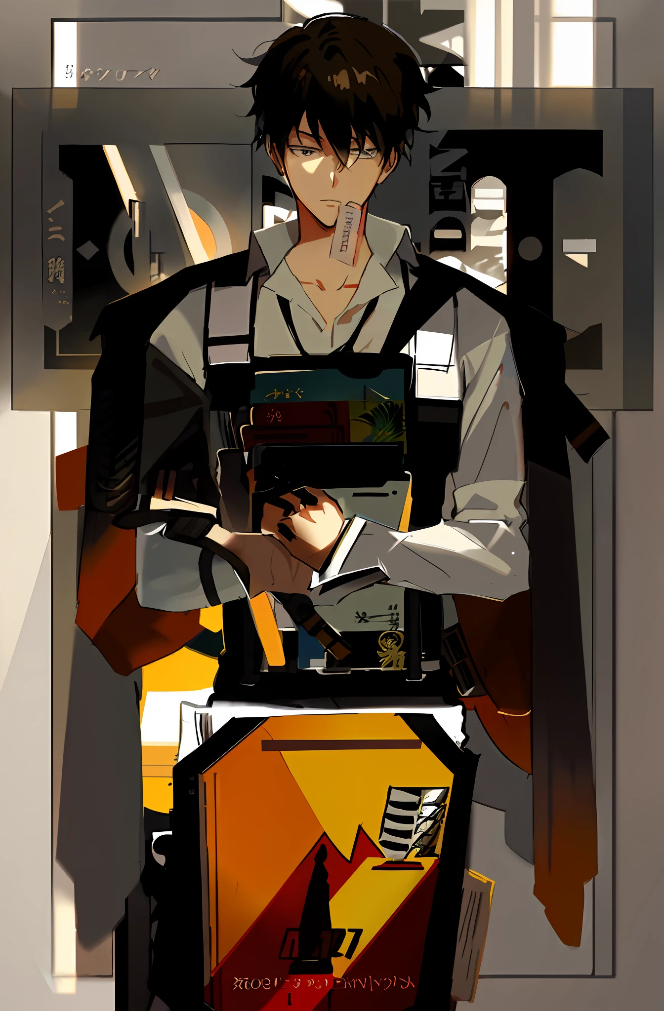 Cartoon picture of a man in a black and white school uniform holding a book, popular on pixiv, highly detailed fine fanart, anime full body illustration, created by Shingei, inspired by Munakata Shikō, highest rated on pixiv, inspired by Hans Fries, a work of art in the style of Guvez, in the style of Sachin Ten