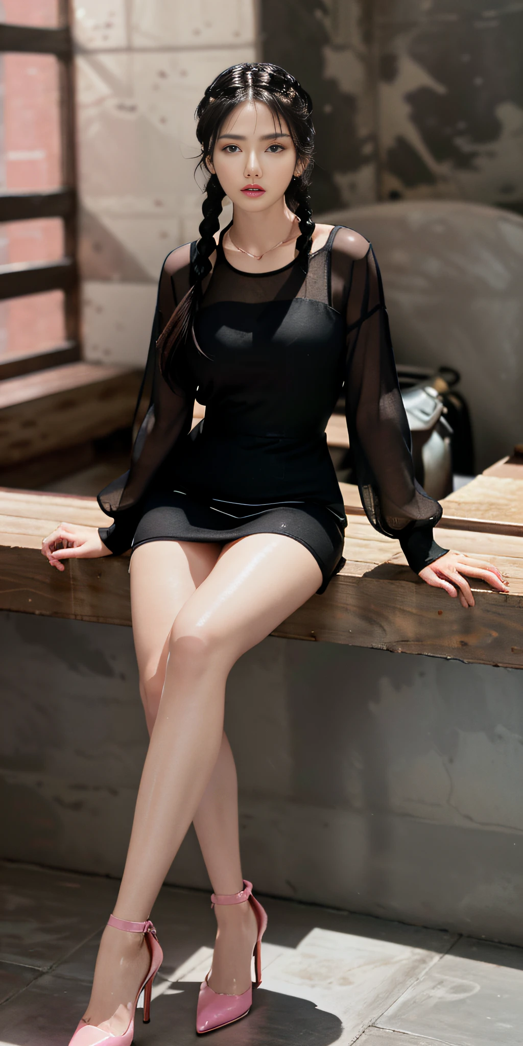 The best, masterpiece, black hair, blond eyes, bucket transparent pink dress, head up, thighs exposed to sit, full body shot, hair, fair skin, long side braids