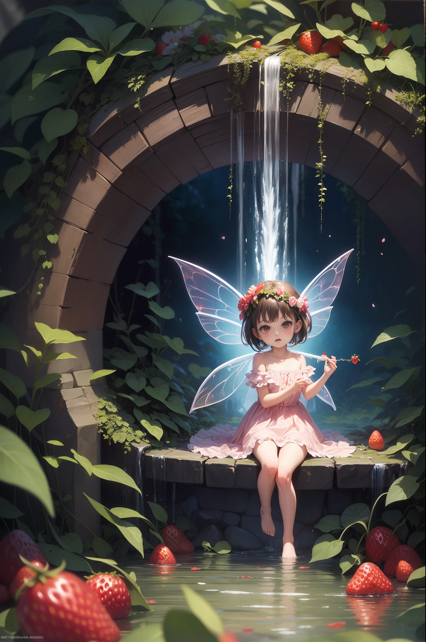 (absurd, high quality, ultra-detailed, masterpiece, concept art, smooth, highly detailed artwork, surrealist painting), little boy, strawberry girl, strawberry, transparent fairy wings, cute, fairy tale, romantic, vivid, full body, waterfall, brightness