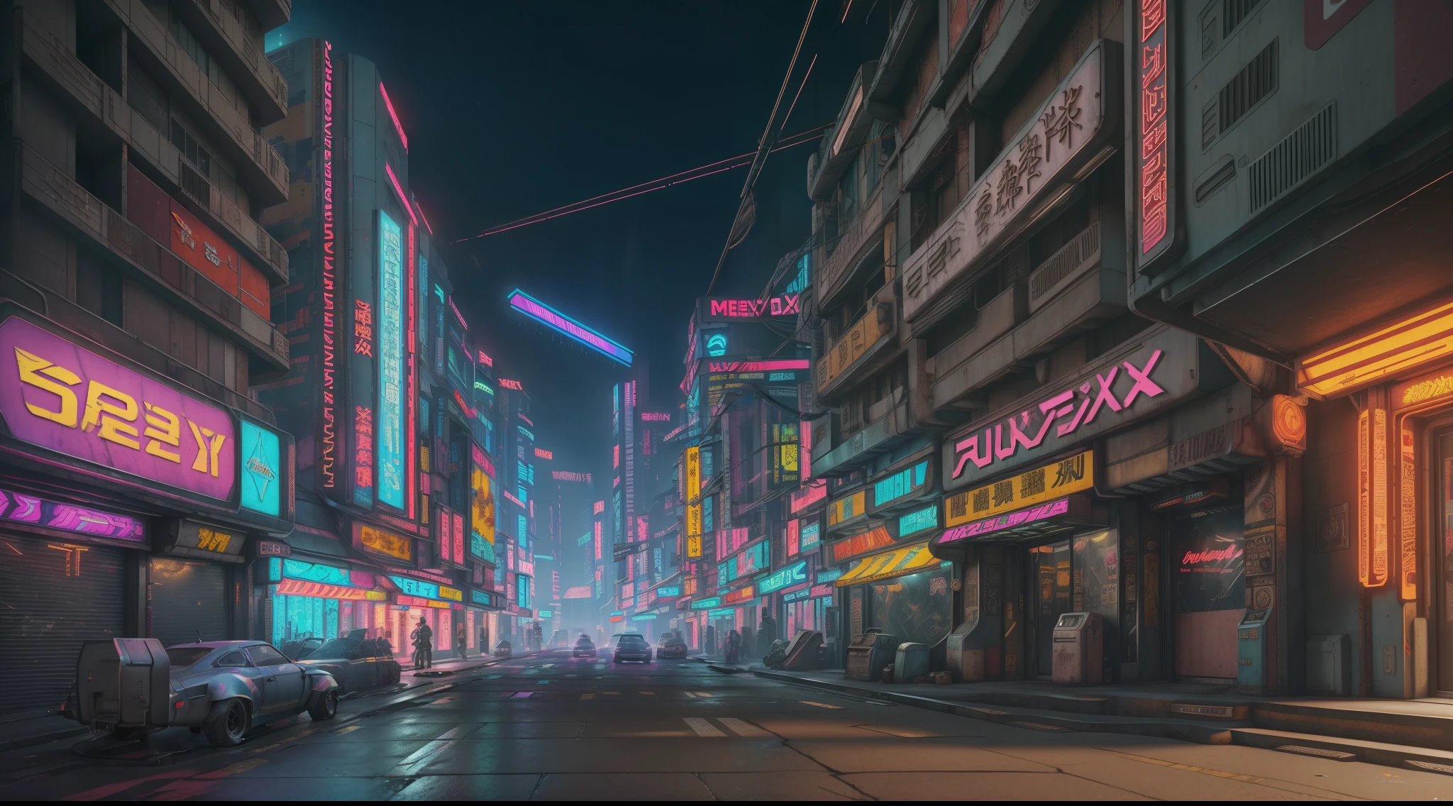 ((Best Quality)), ((Masterpiece)), (Highly Detailed: 1.3), 3D, Detailed Street Scene of a Neon-Lit Mega City (cyberpunk:1.4), Imposing Buildings, Detailed Shops, Futuristic Technology, HDR (High Dynamic Range), Ray Tracing, NVIDIA RTX, Super-Resolution, Unreal 5, Subsurface Scattering, PBR Texturing, Post-Processing, Anisotropic Filtering, Depth of Field, Maximum Clarity and Sharpness, Multilayer Textures, Albedo and Specular Maps,  Surface Shading, Accurate Simulation of Light-Material Interaction, Perfect Proportions, Octane Render, Two-Tone Lighting, Low ISO, White Balance, Rule of Thirds, 8K RAW