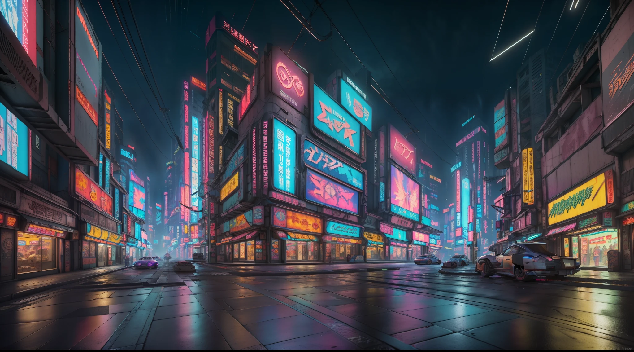 ((Best Quality)), ((Masterpiece)), (Highly Detailed: 1.3), 3D, Detailed Street Scene of a Neon-Lit Mega City (cyberpunk:1.4), Imposing Buildings, Detailed Shops, Futuristic Technology, HDR (High Dynamic Range), Ray Tracing, NVIDIA RTX, Super-Resolution, Unreal 5, Subsurface Scattering, PBR Texturing, Post-Processing, Anisotropic Filtering, Depth of Field, Maximum Clarity and Sharpness, Multilayer Textures, Albedo and Specular Maps, Surface Shading, Accurate Simulation of Light-Material Interaction, Perfect Proportions, Octane Render, Two-Tone Lighting, Low ISO, White Balance, Rule of Thirds, 8K RAW