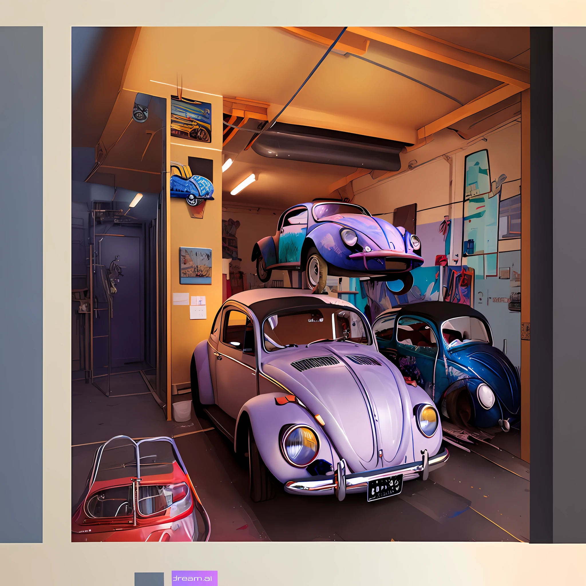 there is a picture of a car on a lift in a garage, inside of a tokyo garage, beetle, illustration!, museum photoshot, vintage cars, beetles, nostalgic feeling, garage, 🦩🪐🐞👩🏻🦳, photograph taken in 2 0 2 0, cars parked underneath, hyperdetailed!, unusual composition, nostalgic 8k, vintage color