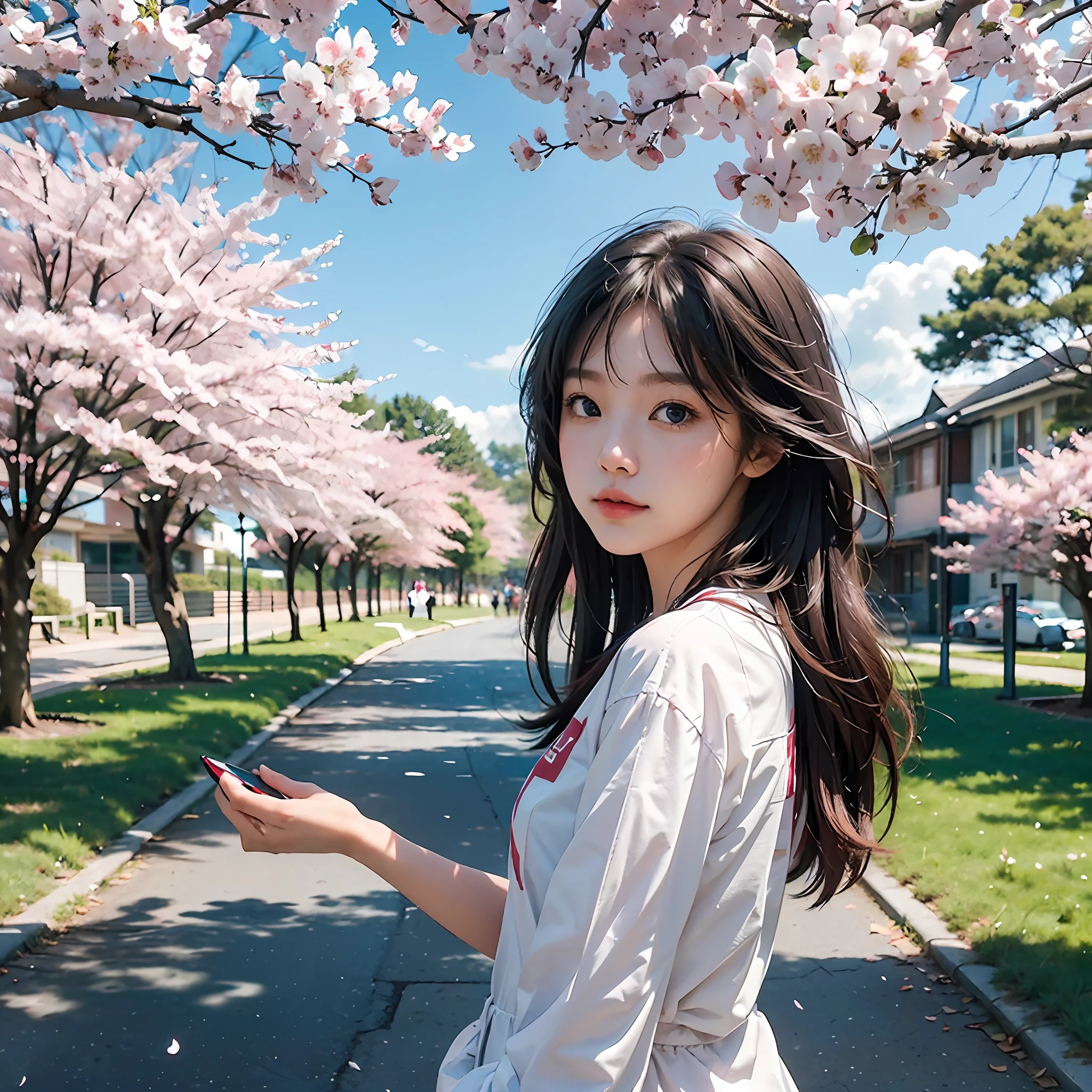 A girl, on campus, cherry blossoms, simple campus style painting style), (bright and fresh color matching), (expressionless, natural behind the handle), (mid-spring, brilliant cherry blossom trees on both sides of the street) (clean blue sky and white clouds, soft and colorful, sunlight), minimalist background.