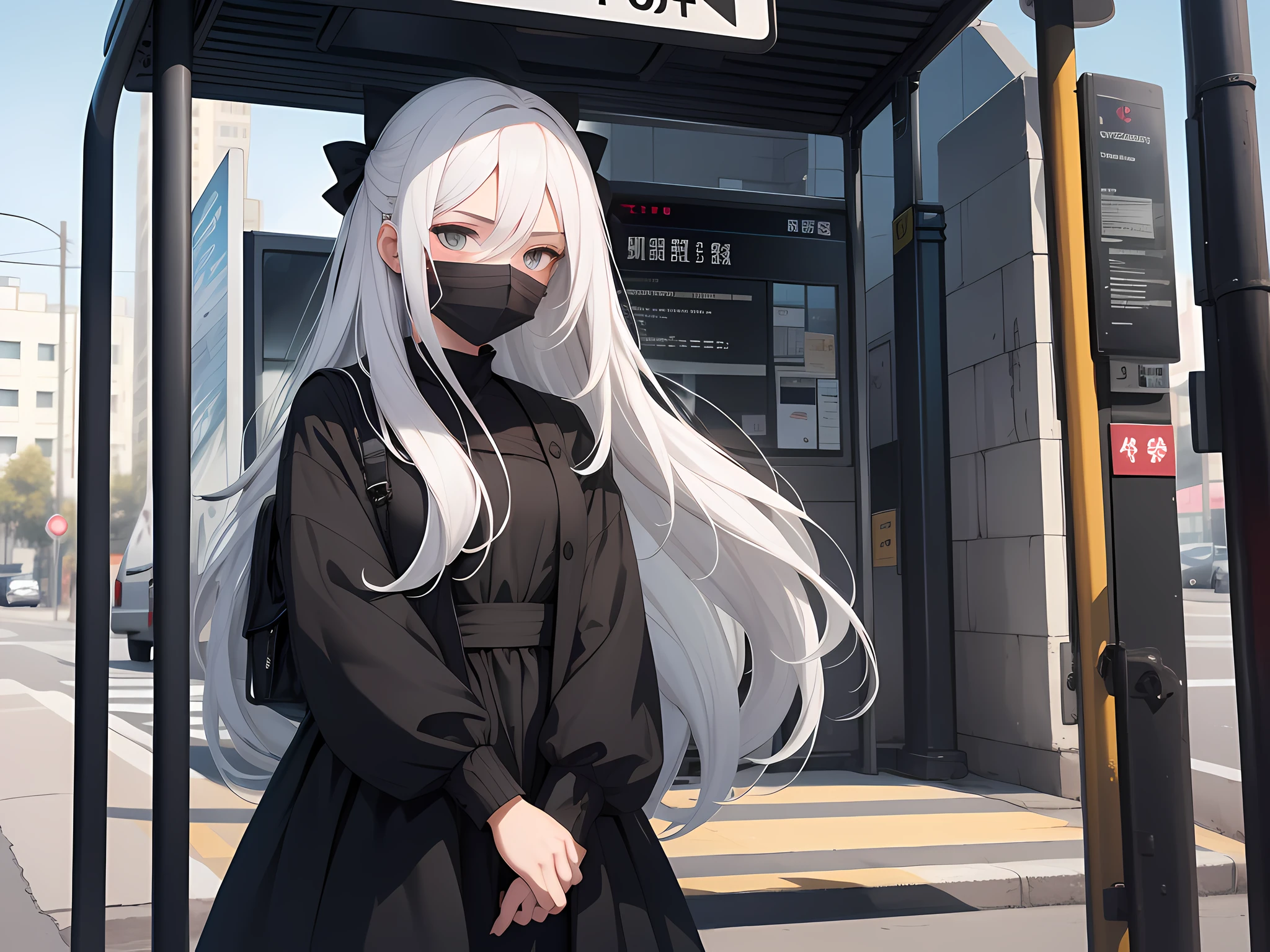 A girl with long white hair wearing a black dress and a black mask under a bus stop sign