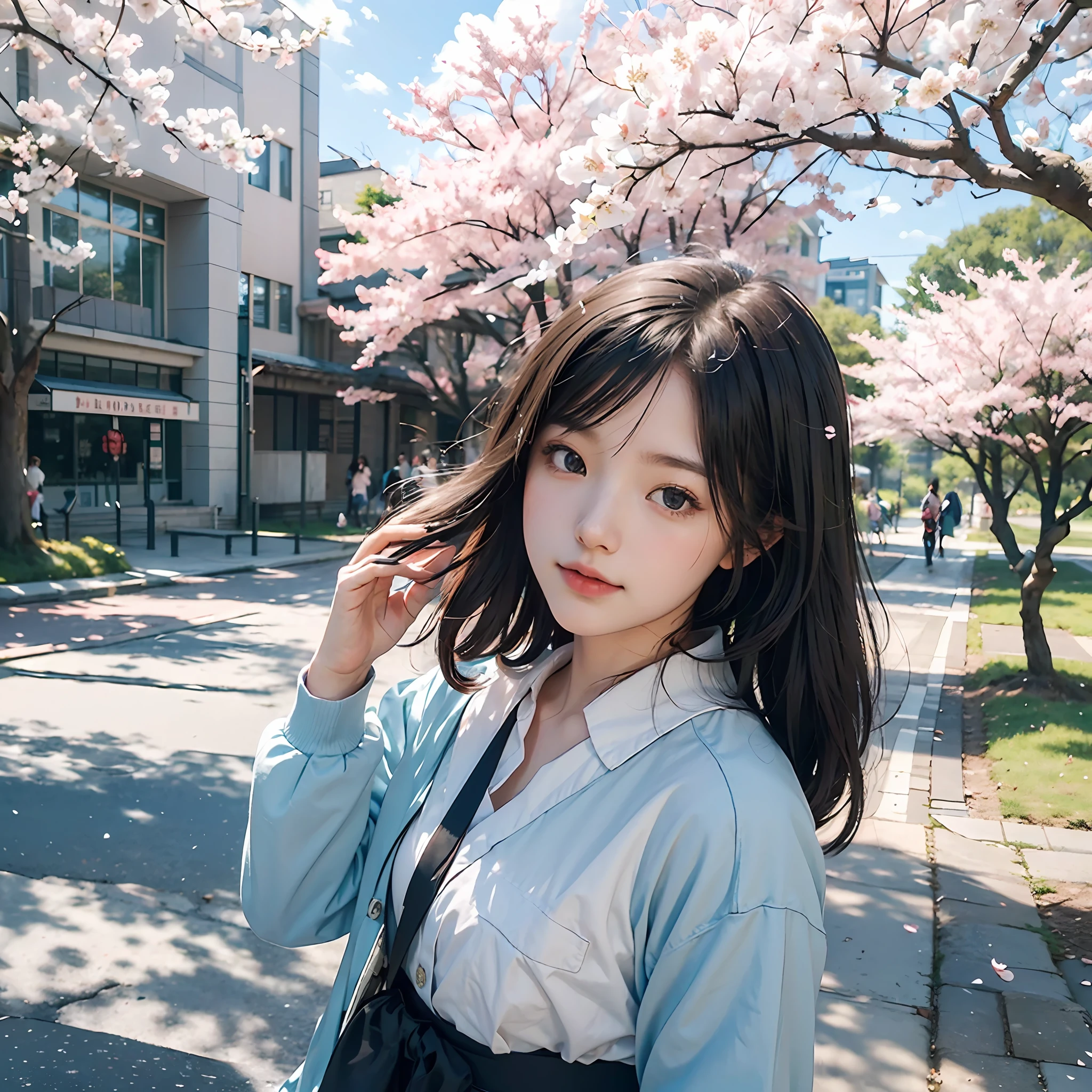 A girl, on campus, cherry blossoms, simple campus style painting style), (bright and fresh color matching), (expressionless, natural behind the handle), (mid-spring, brilliant cherry blossom trees on both sides of the street) (clean blue sky and white clouds, soft and colorful, sunlight), minimalist background.