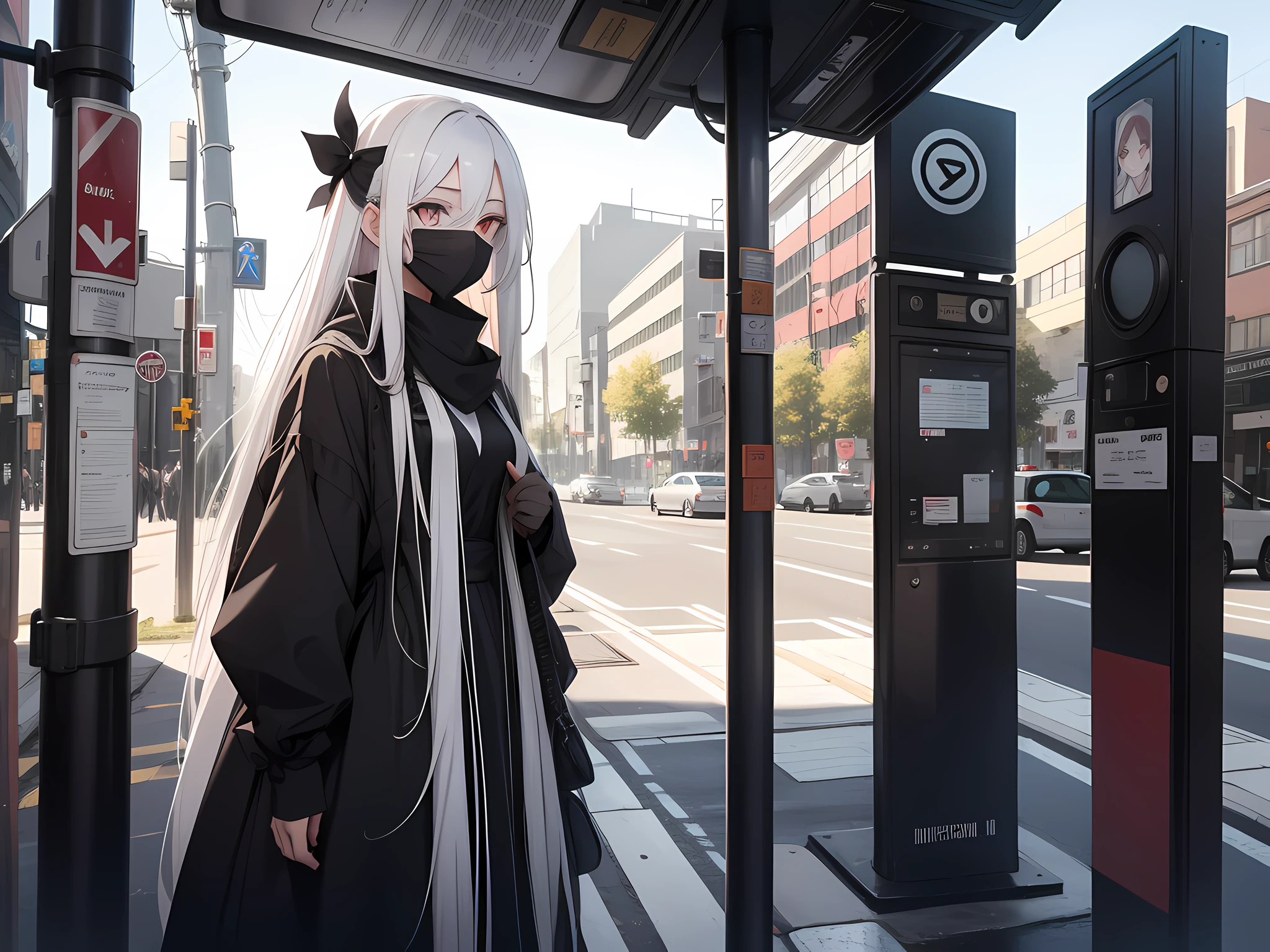 A girl with long white hair wearing a black dress and a black mask under a bus stop sign