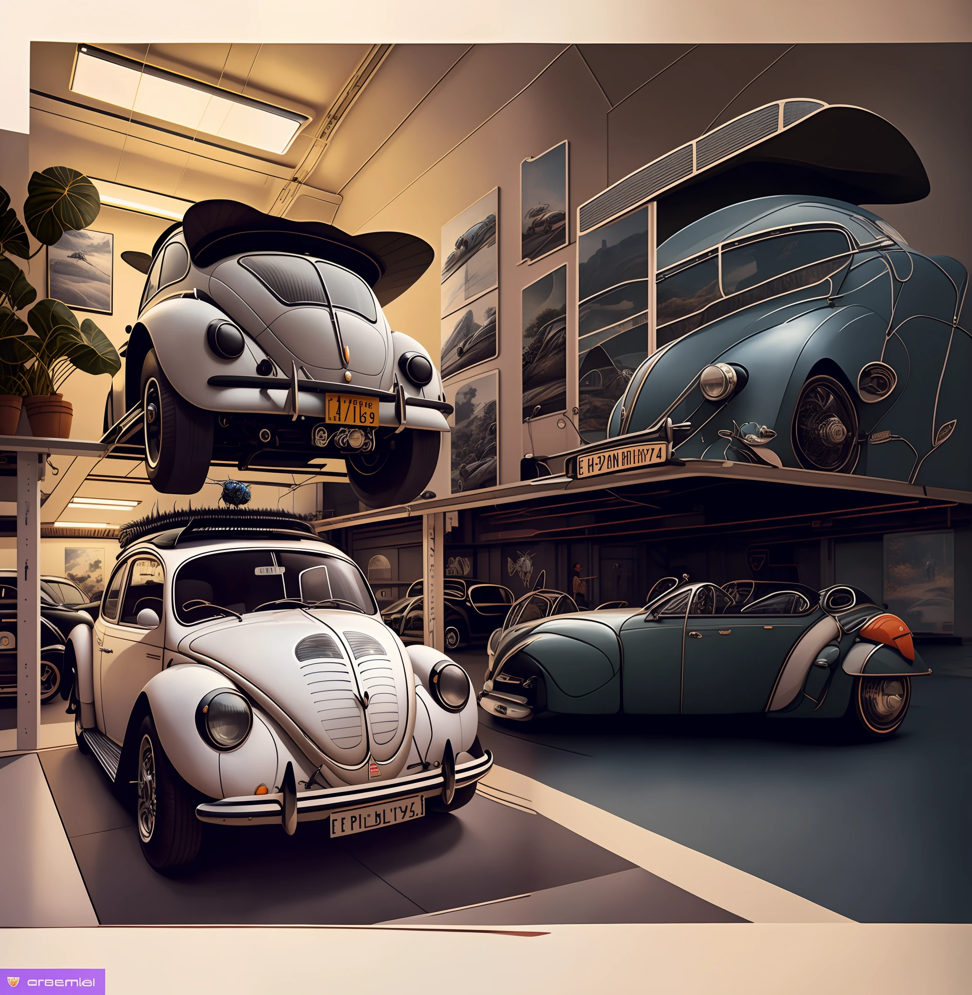 there are two cars that are parked in a garage, beetle-inspired, beetle, by Jesper Ejsing, highly detailed hyper real retro, by Oskar Lüthy, beetles, hyperdetailed!, beeple and jean giraud, by Samu Börtsök, by Artur Tarnowski, stunning artwork, vintage cars, illustrations