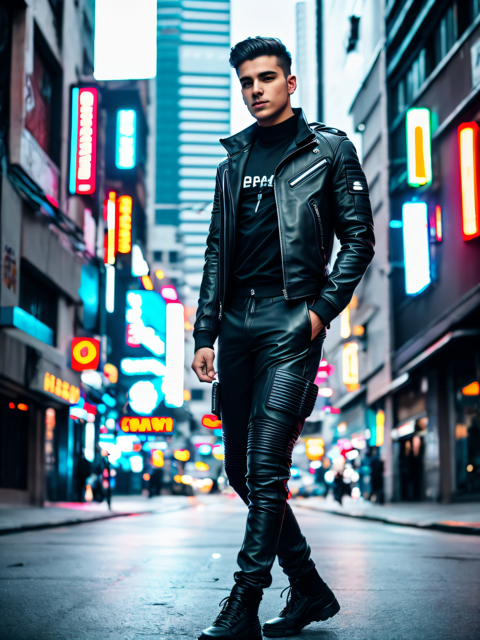 RAW photo, ung guy, (portrait: 1.2) full body, cute guy in cyberpunk urban suit (high detail leather: 1.2), 8k uhd, DSLR, soft lighting, high quality, film grain, Fujifilm XT3