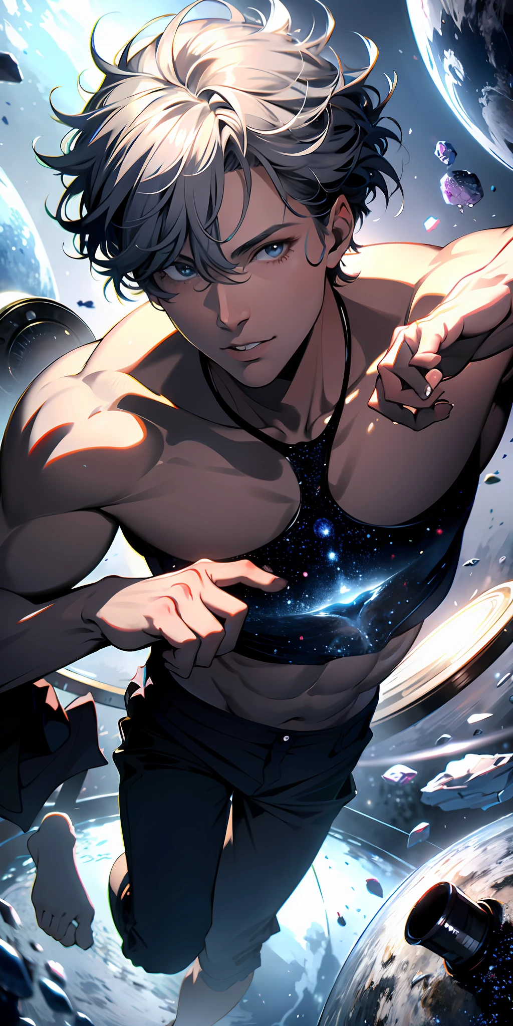 Absurd resolution, high resolution, (masterpiece:1.4), ultra-detailed, 1 man, seen from above, space, floating, gray hair, handsome, lazy, tongue-sticking