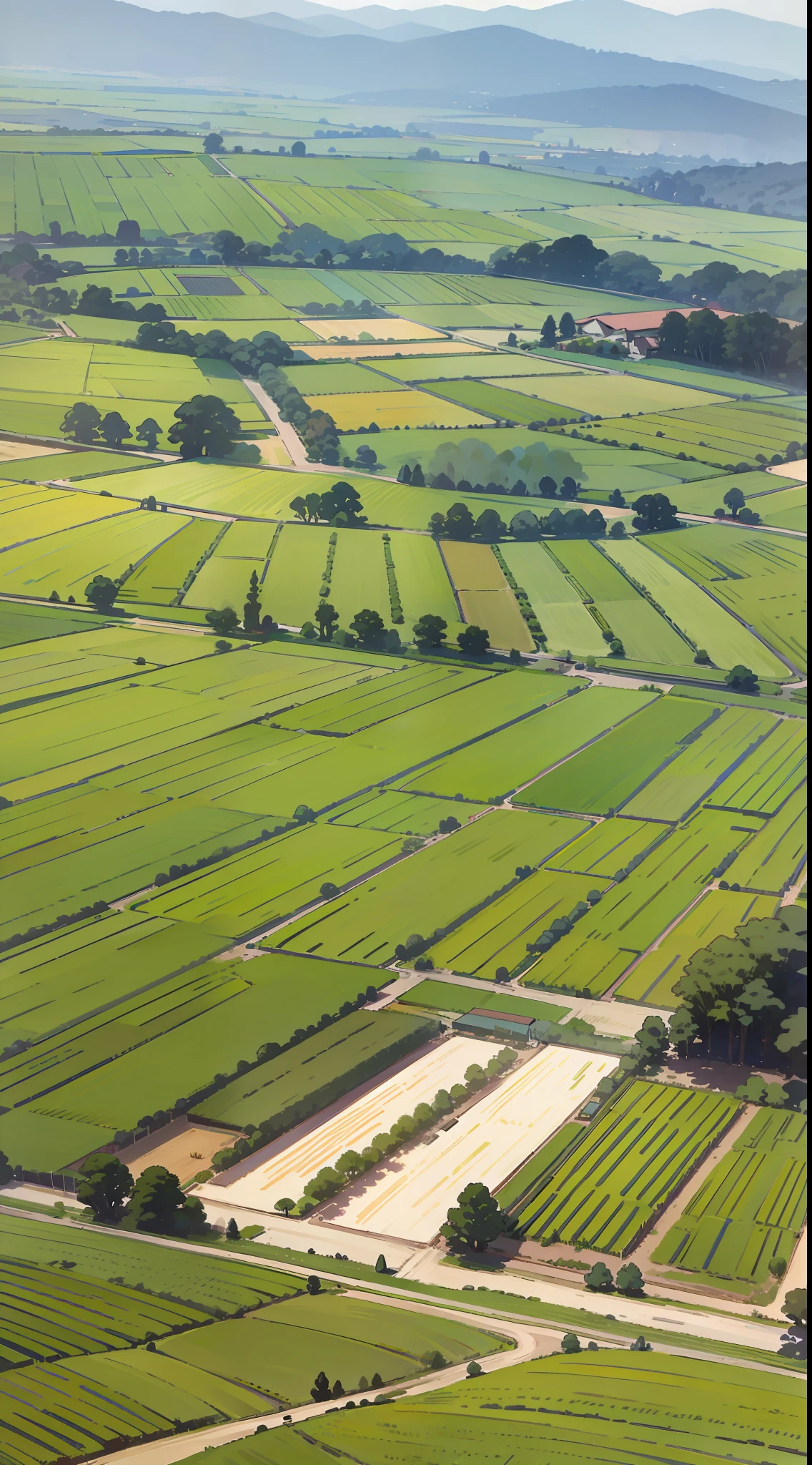 Ancient farmland, distant farmers, spring, sowing seeds, seedlings, high detail