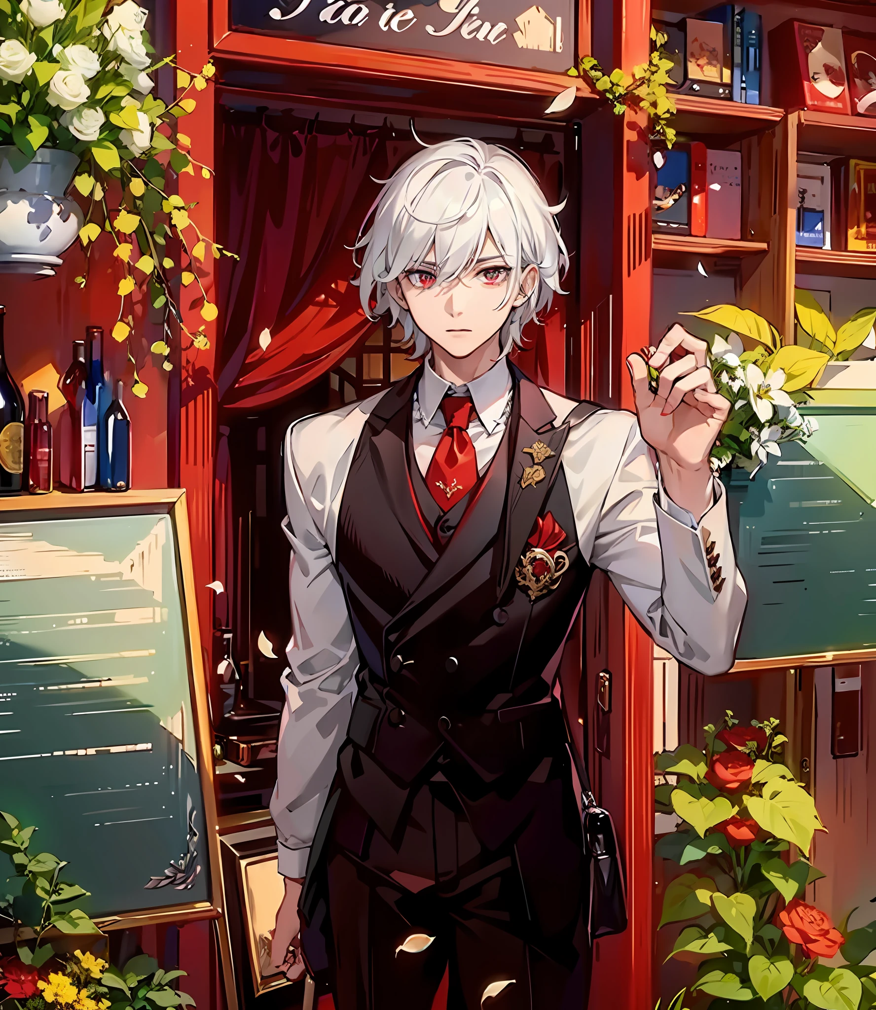 Young man, pure white hair, suit, best quality, masterpiece, red pupils, red pupils