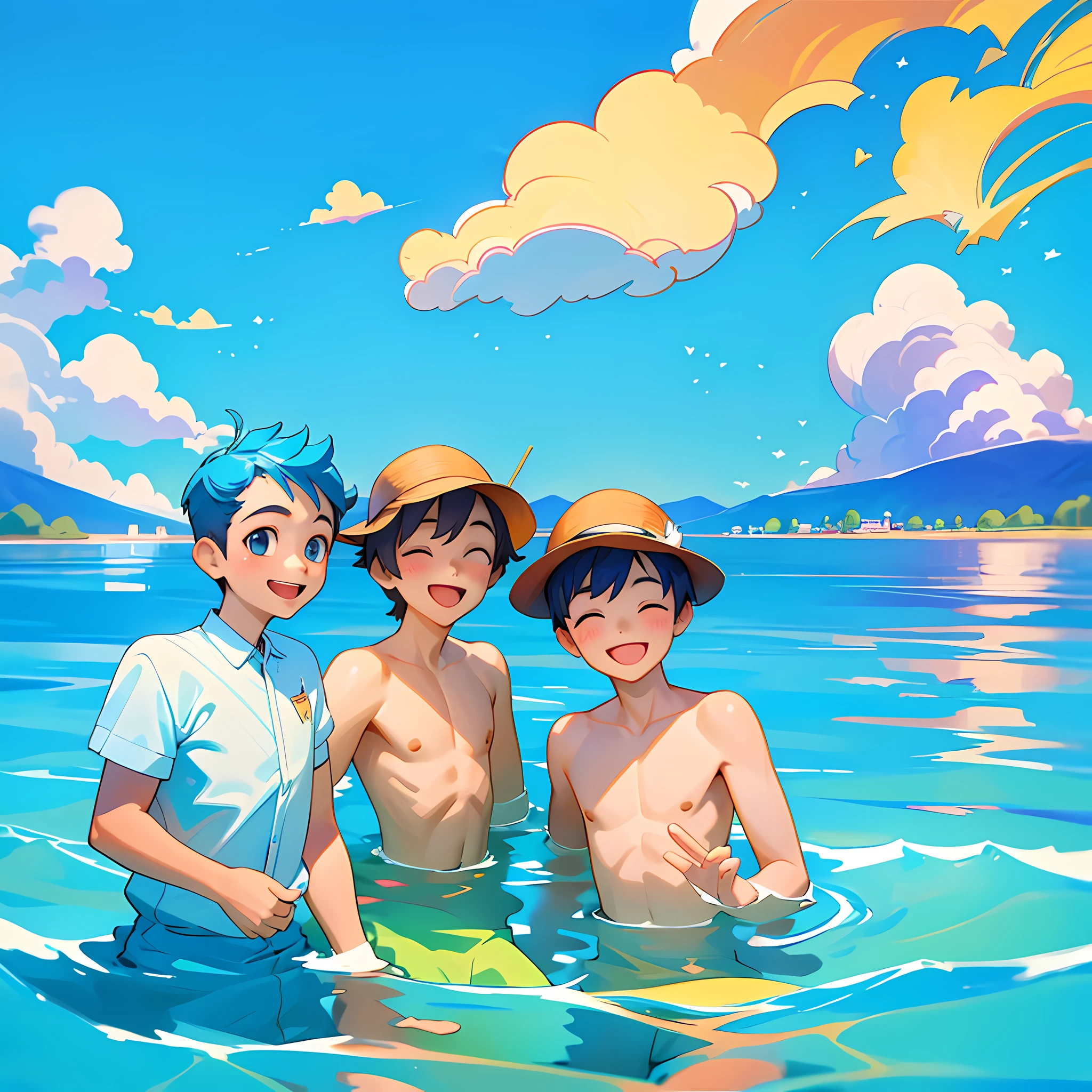 Masterpiece, best quality, 3 boys playing in the water, clouds, sun, clean blue sky, smiling, having a great time