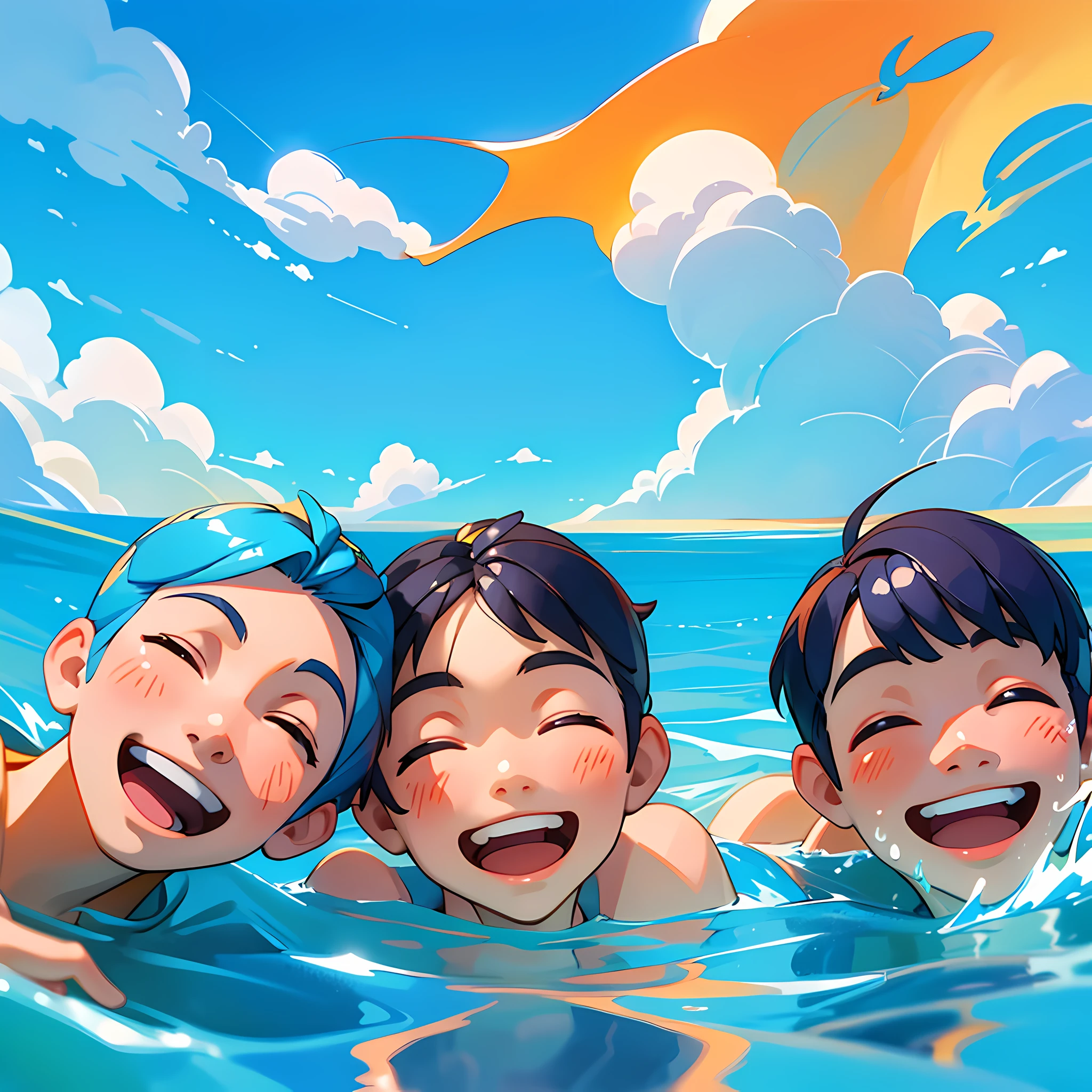 Masterpiece, best quality, 3 boys playing in the water, clouds, sun, clean blue sky, smiling, having a great time