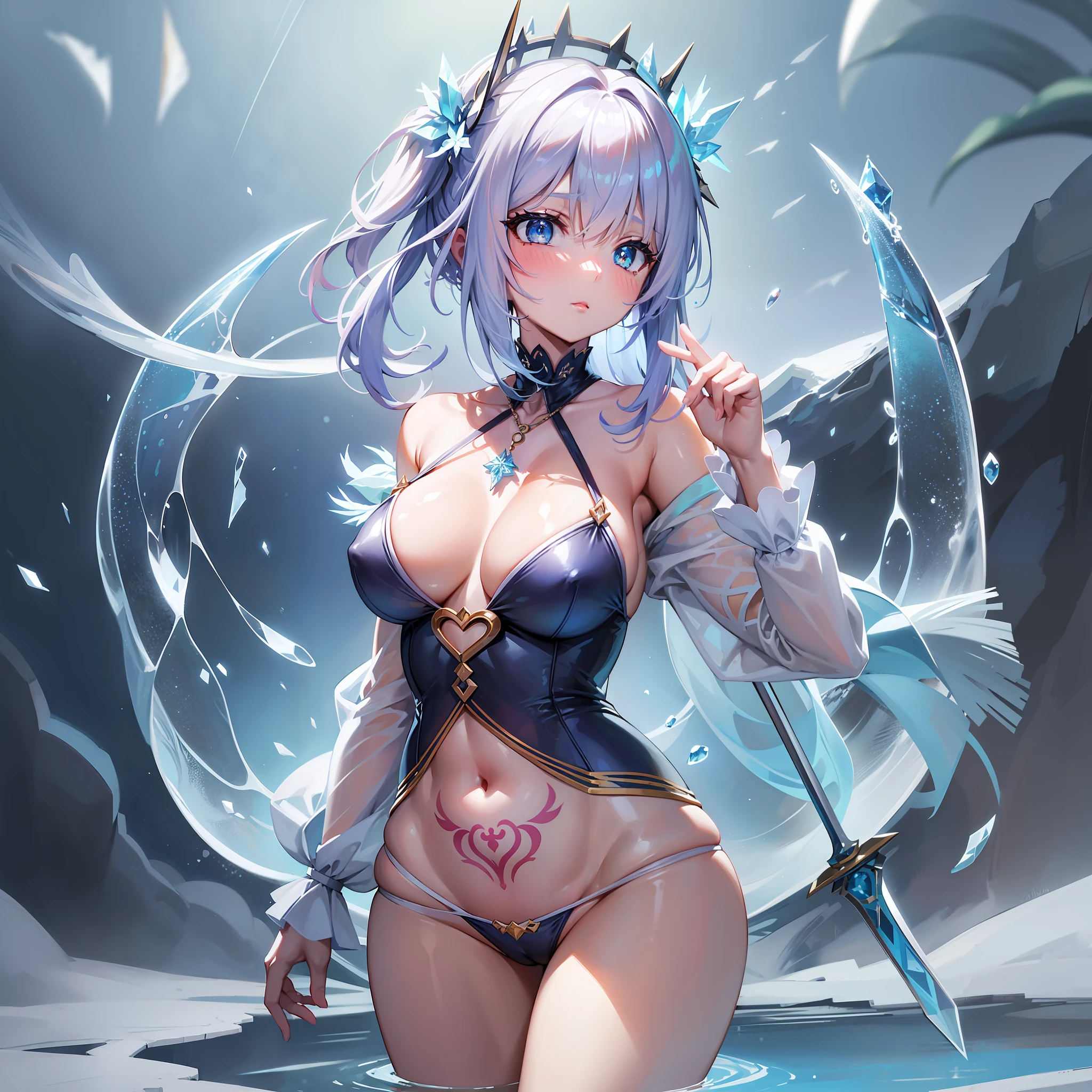 cute girl, cute face, pupils different colors, pupil pink, pupil lake blue, sword, quadratic, 16 years old, asymmetrical hair, floating hair, hair between eyes, side hair, next to the phoenix, sword, fish hair ornament, tassel, bangs, pendant collar, collarbone, tattoo, chest tattoo, cleavage, medium breasts, thighs, bandages, bandage legs, bare shoulders, swimsuit, frozen blue rose, shining sword, glass bra, sexy beautiful girl, swimsuit, aesthetic, fantasy, dream, magic, magnificent imagination,high resolution, super delicate, best quality, taijitu, temptation, blonde hair , phoenix side, sword, cute, delicate, faint fog, cherry blossoms, wind, aesthetics, hills, field, milky way, stars, shine, night, starry sky, fantasy, dream, magnificent imagination, high resolution, super refined, masterpiece, best quality, uncensored, cute, cold, extremely cold, frost, snowflake, snow mountain, ice crystal, ice flake, mirror, glass, lake, blue frozen hourglass, water, flowing water, frozen water, cold, frozen, blue, ice blue, white, lake blue, royal blue, high cold, plain, cute, cute, cute, cute, cute, cute