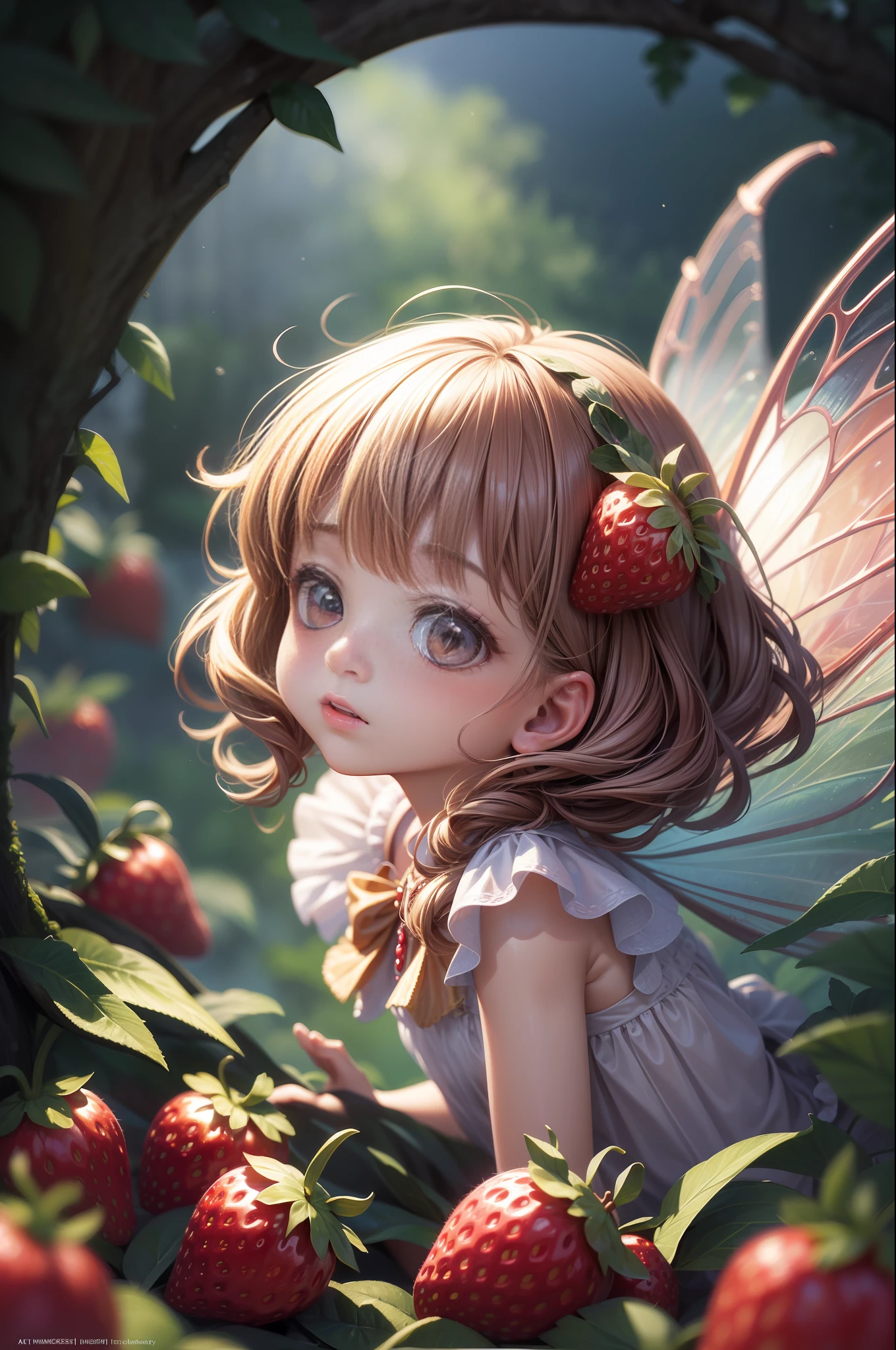 ( Absurd, High quality, ultra-detailed, masterpiece, concept art, smooth, highly detailed artwork, hyper-realistic painting ) , tiny little girl, Strawberry girl, Strawberries, transparent fairy wings, cute, fairytale, Romantic, Vivid, whole body, waterfall, brightness