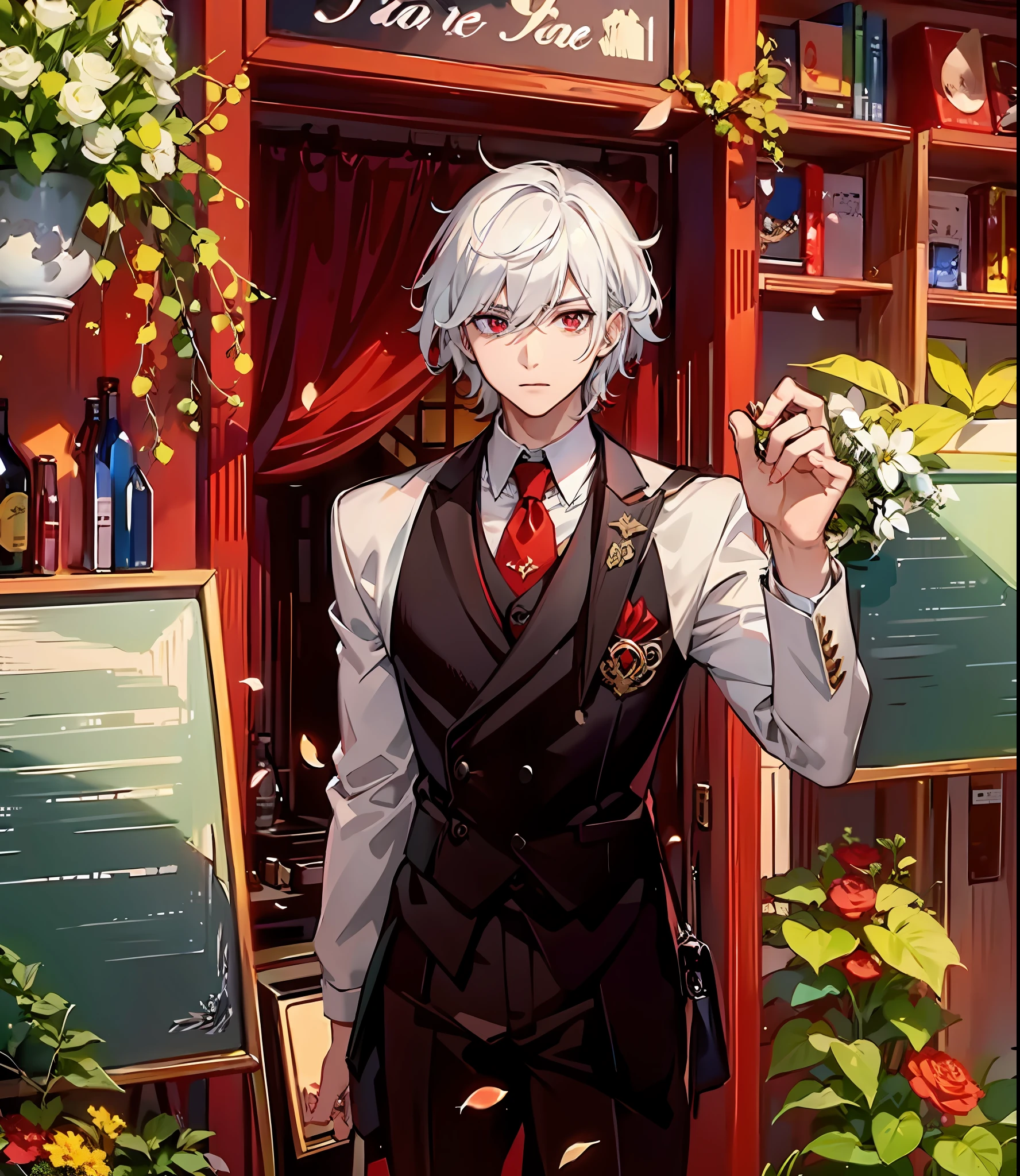 Young man, pure white hair, suit, best quality, masterpiece, red pupils, red pupils